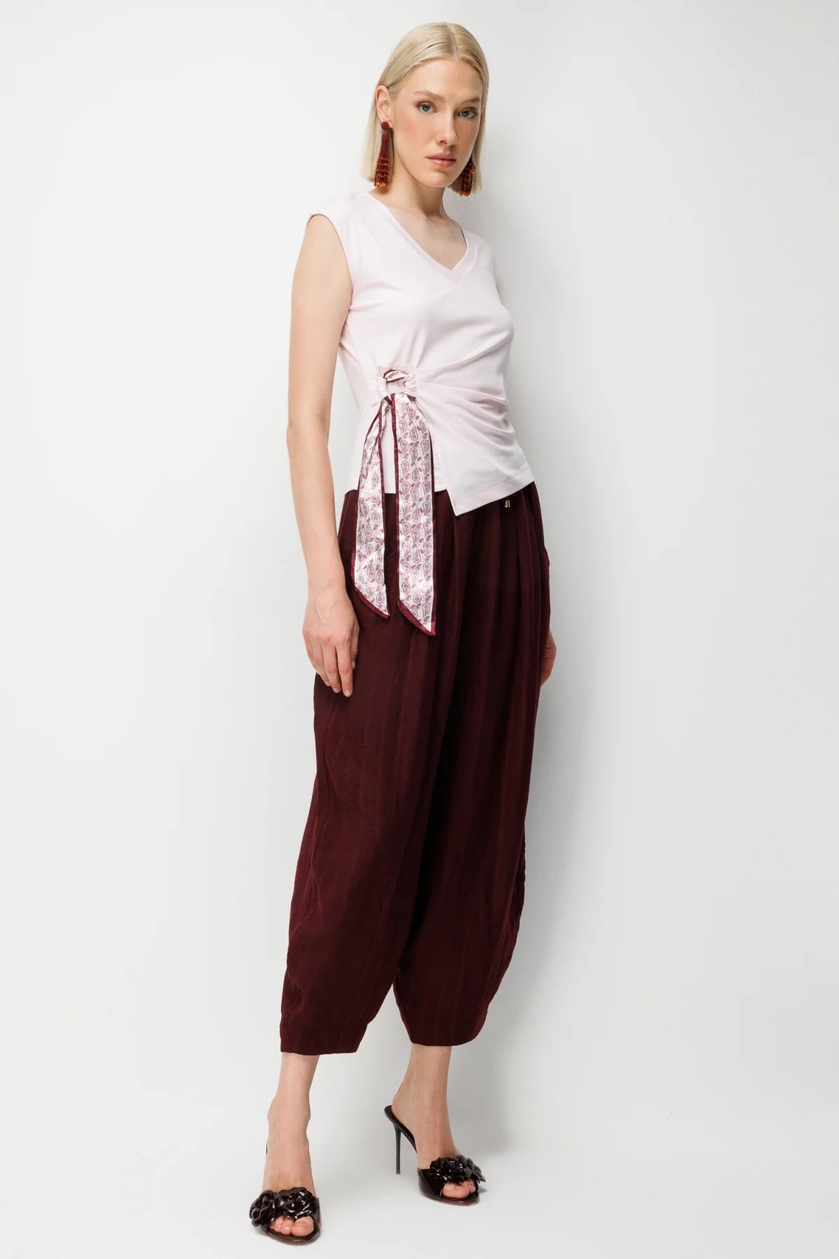 On Kadın Beli Bağlamalı V Yaka Bluz 71431 Pembe - 3