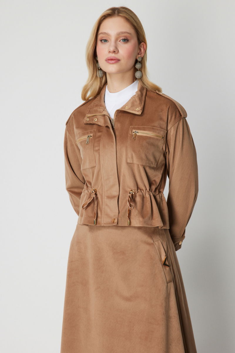 On Kadın Beli Büzgülü Dik Yaka Ceket 66532 Camel - 2