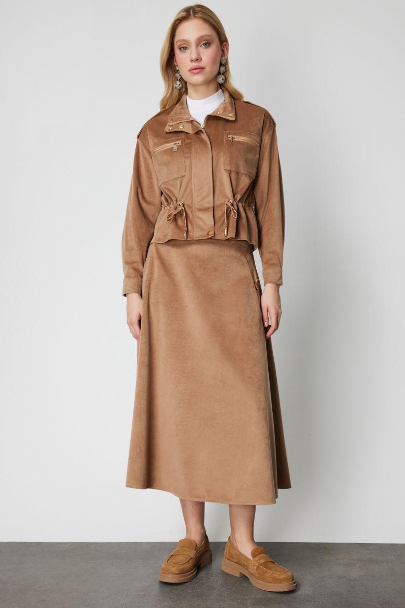 On Kadın Beli Büzgülü Dik Yaka Ceket 66532 Camel - 3