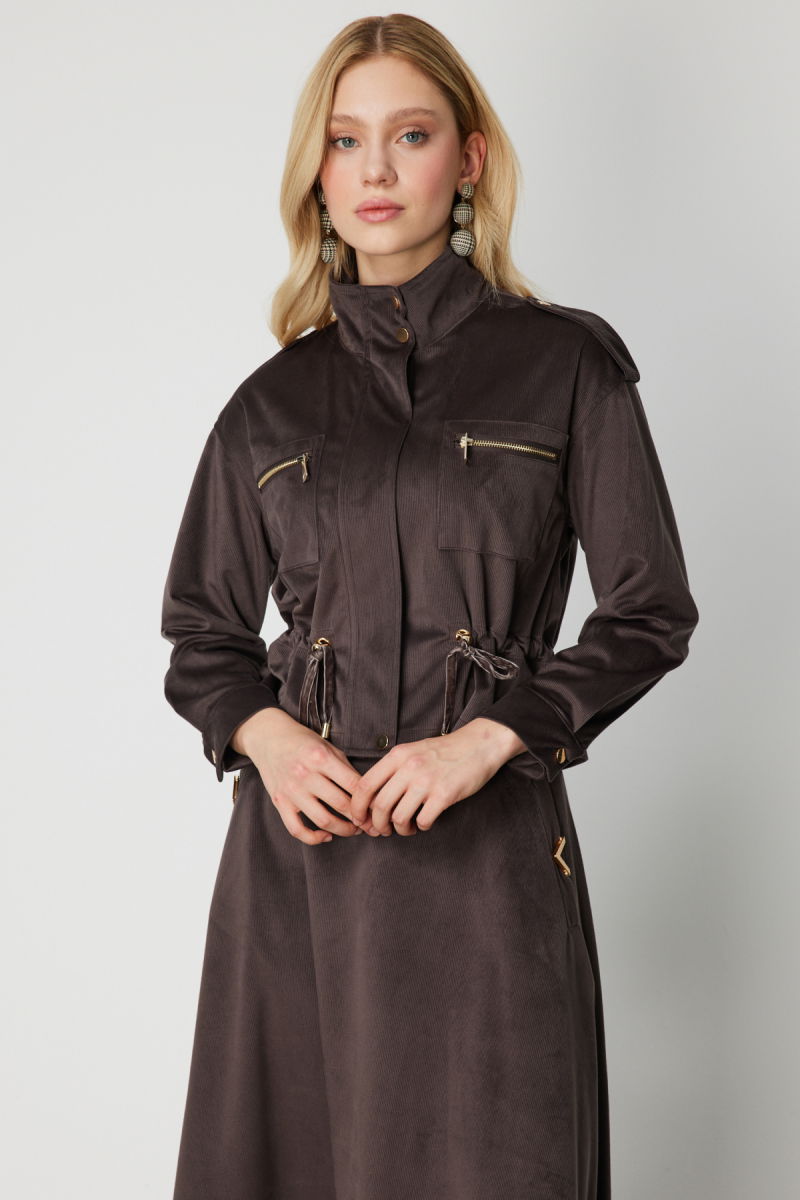 On Kadın Beli Büzgülü Dik Yaka Ceket 66532 Kahverengi - On