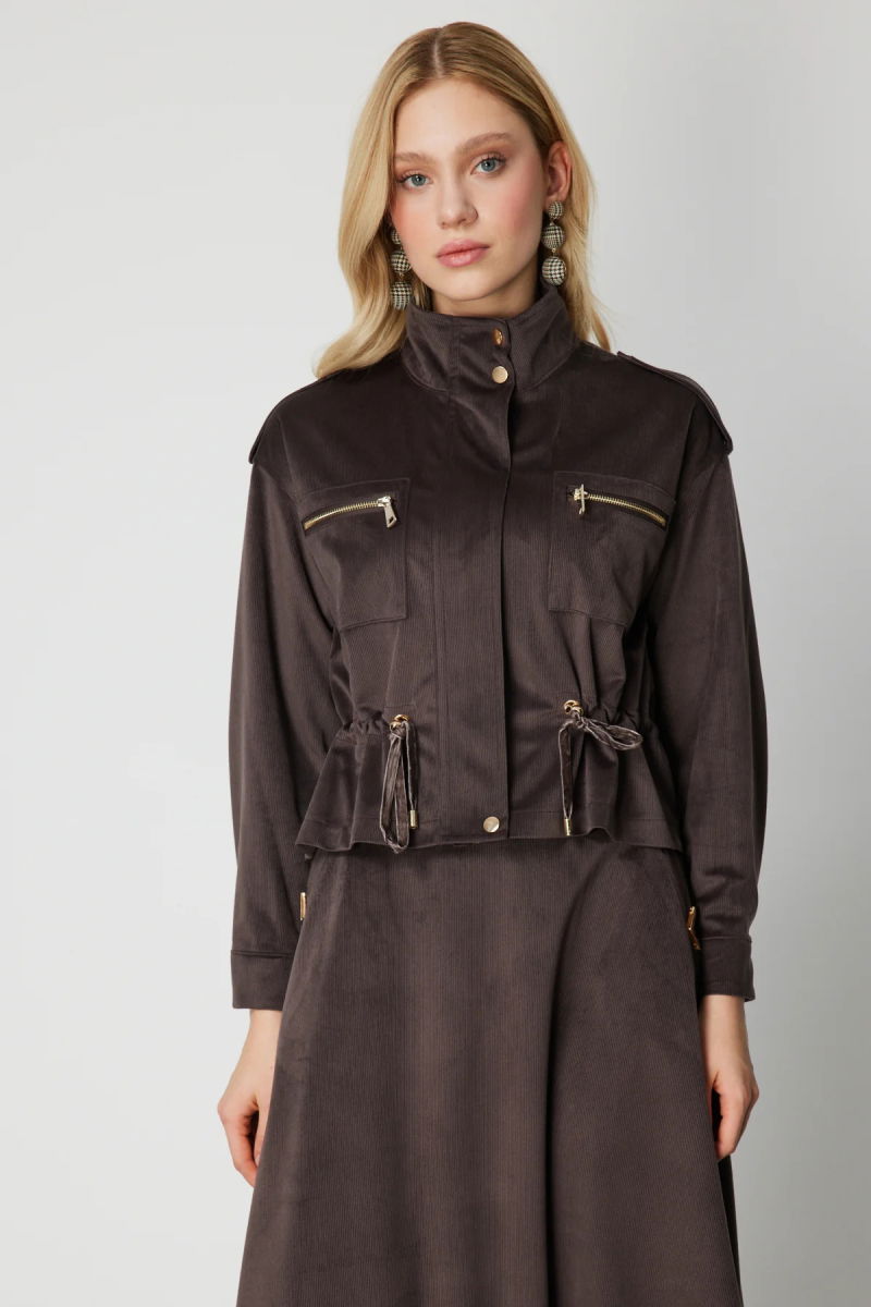 On Kadın Beli Büzgülü Dik Yaka Ceket 66532 Kahverengi - 2