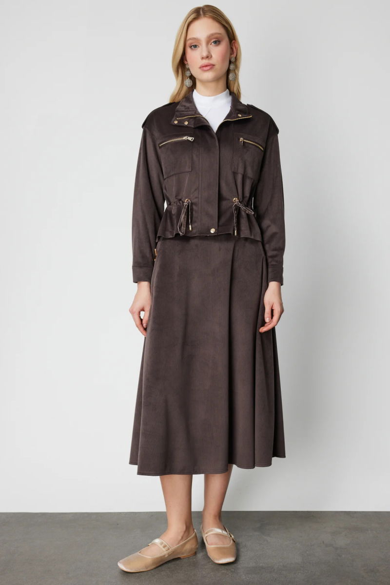 On Kadın Beli Büzgülü Dik Yaka Ceket 66532 Kahverengi - 3