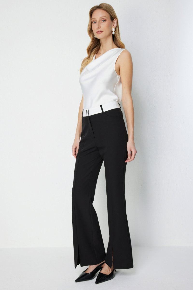 On Kadın Beli Çift Renkli Paçası Yırtmaçlı Pantolon 78108 Siyah - 2