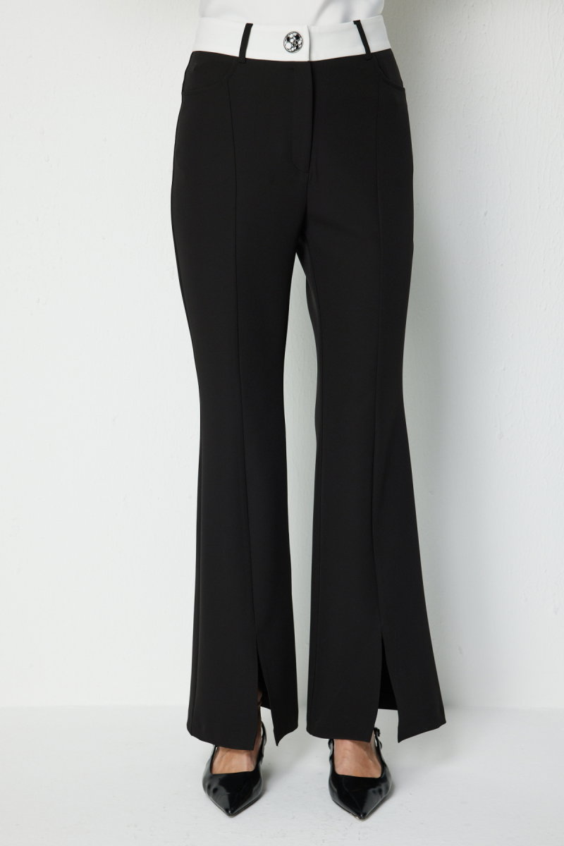 On Kadın Beli Çift Renkli Paçası Yırtmaçlı Pantolon 78108 Siyah - 3