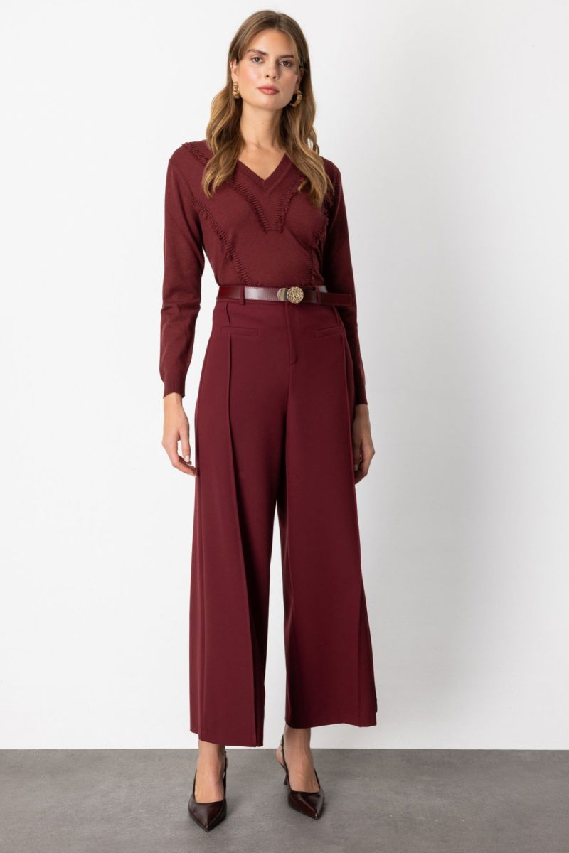 On Kadın Beli Kemerli Bol Paça Pantolon 64133 Bordo - On