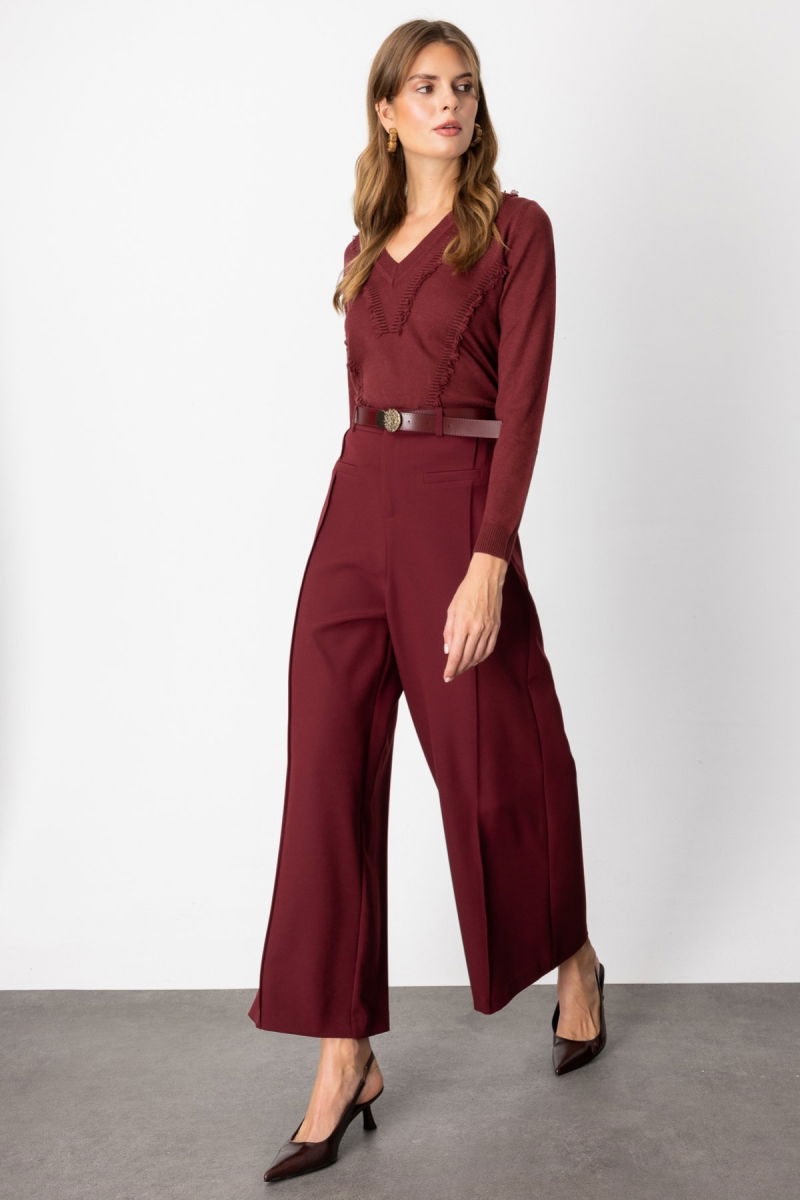 On Kadın Beli Kemerli Bol Paça Pantolon 64133 Bordo - 2