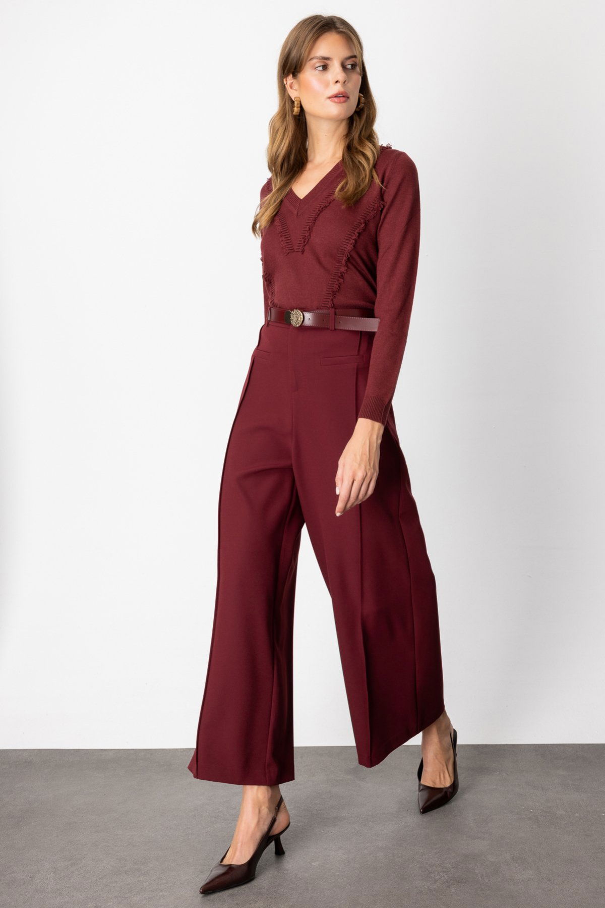 On Kadın Beli Kemerli Bol Paça Pantolon 64133 Bordo - 2