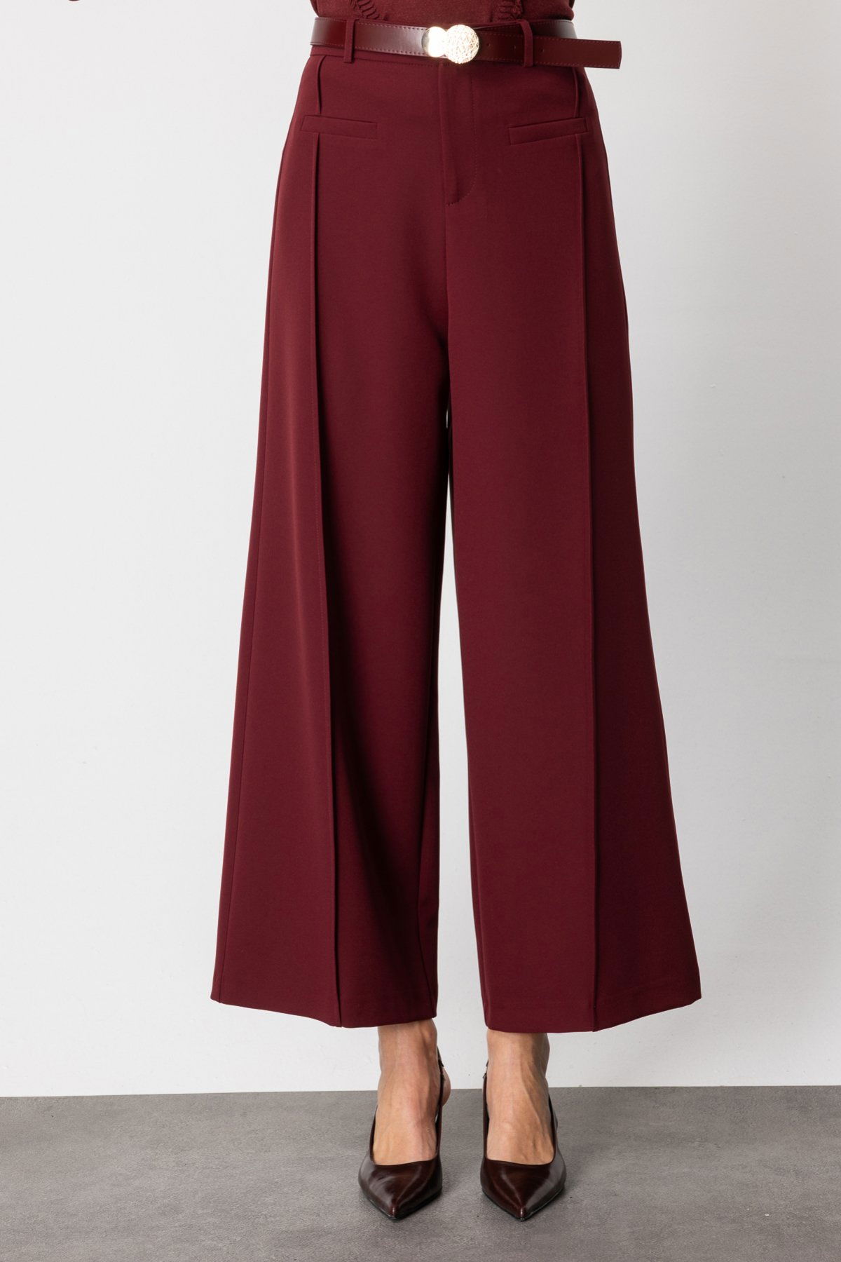 On Kadın Beli Kemerli Bol Paça Pantolon 64133 Bordo - 3
