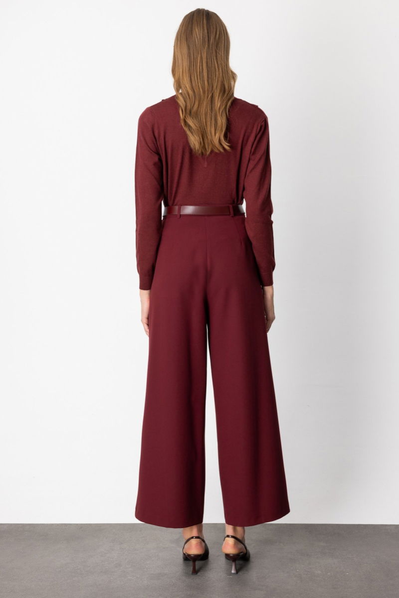 On Kadın Beli Kemerli Bol Paça Pantolon 64133 Bordo - 4