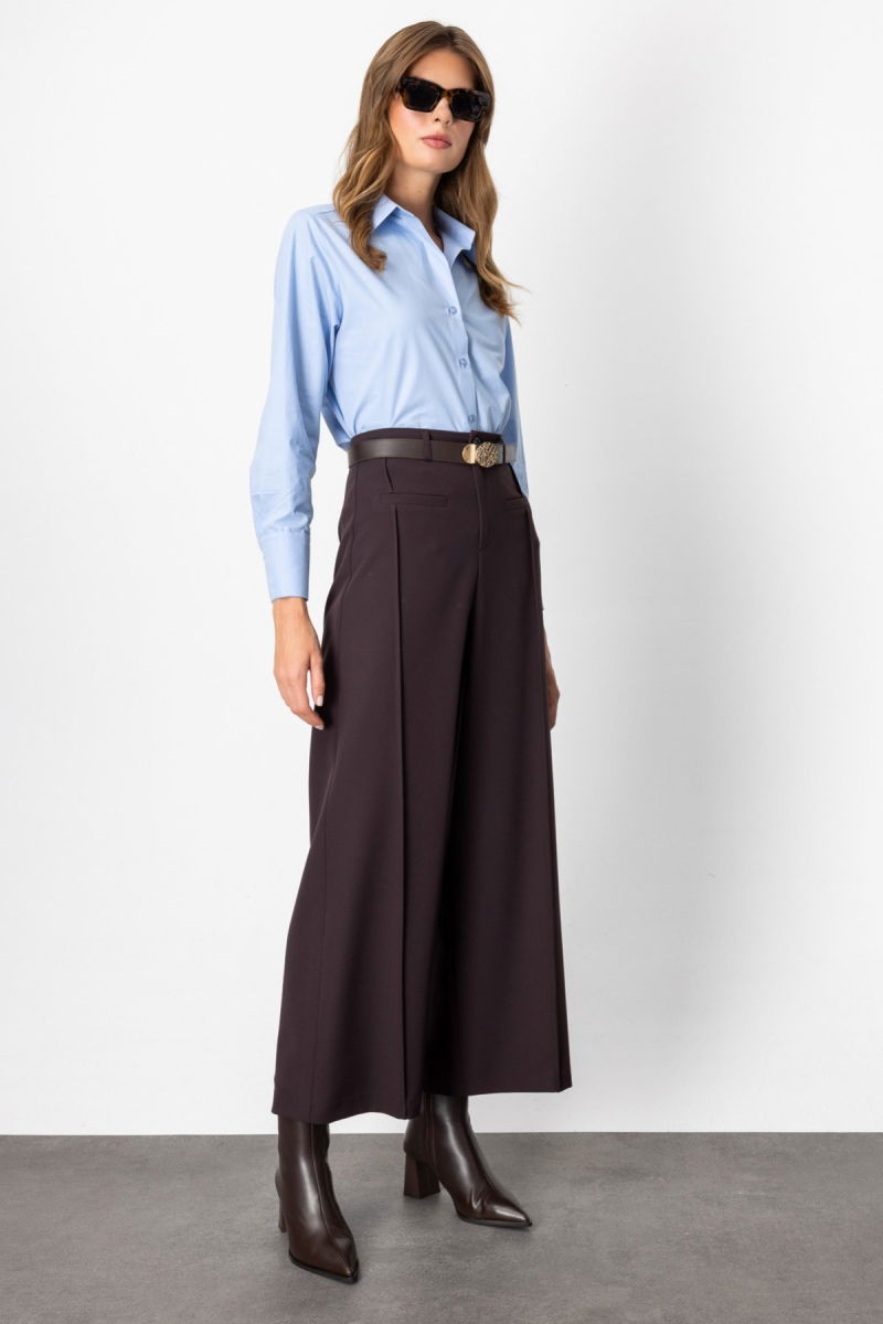 On Kadın Beli Kemerli Bol Paça Pantolon 64133 Kahverengi - 2