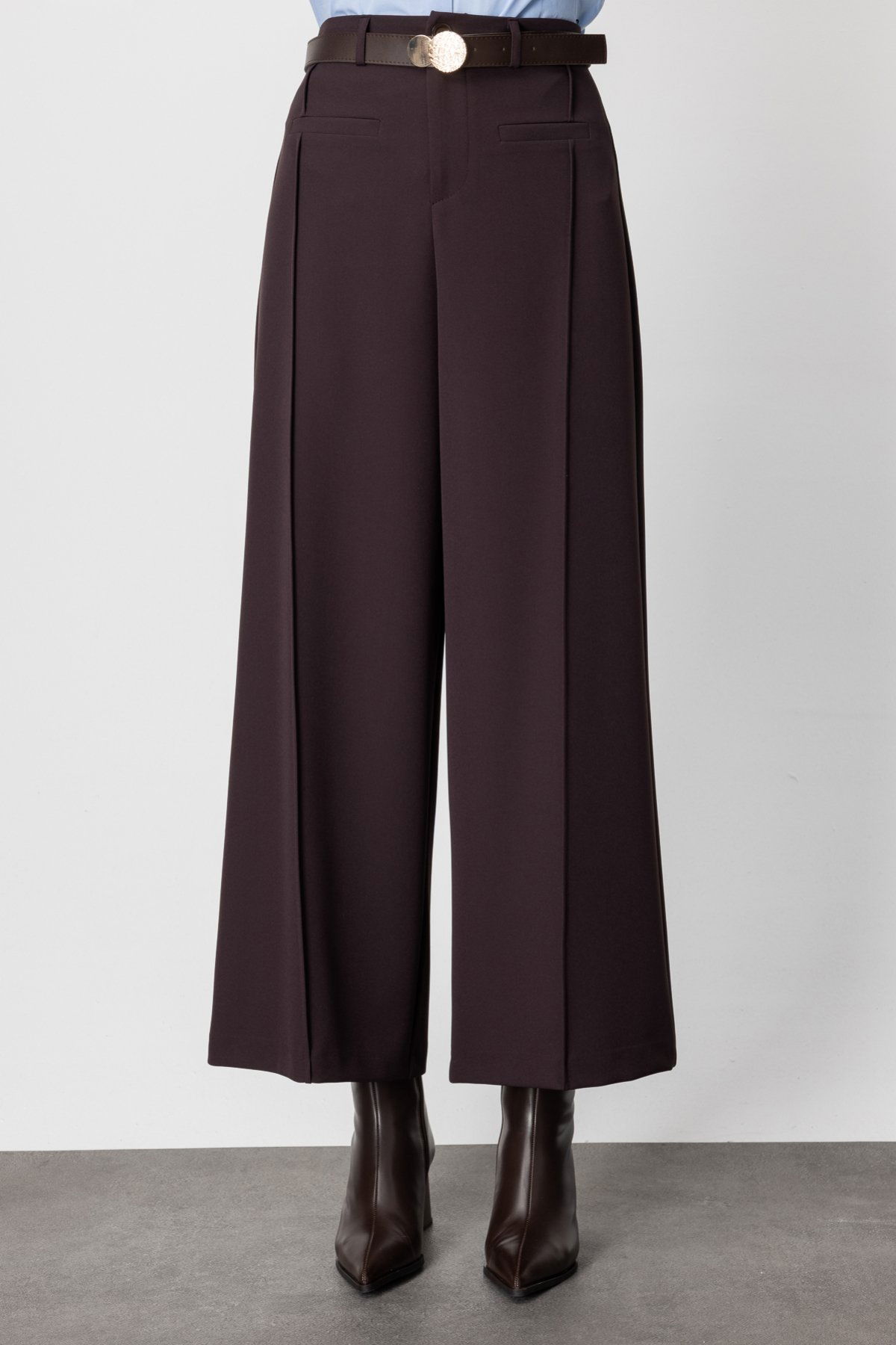 On Kadın Beli Kemerli Bol Paça Pantolon 64133 Kahverengi - 3