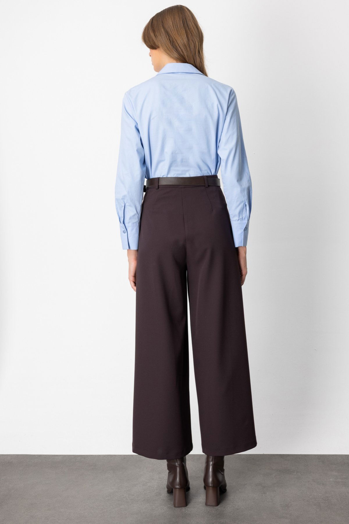 On Kadın Beli Kemerli Bol Paça Pantolon 64133 Kahverengi - 5