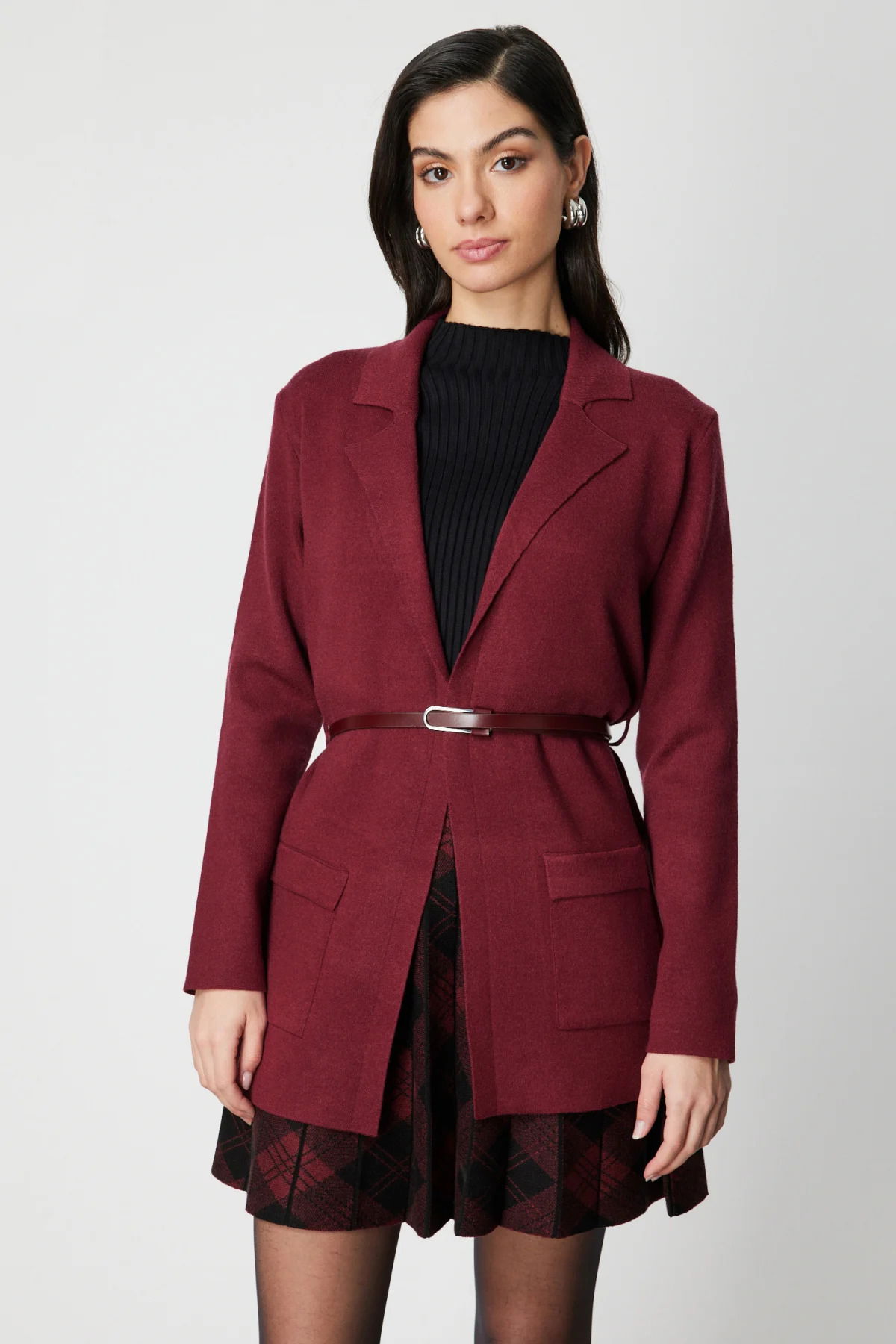 On Kadın Beli Kemerli Kapak Cepli Hırka 69907 Bordo - 1