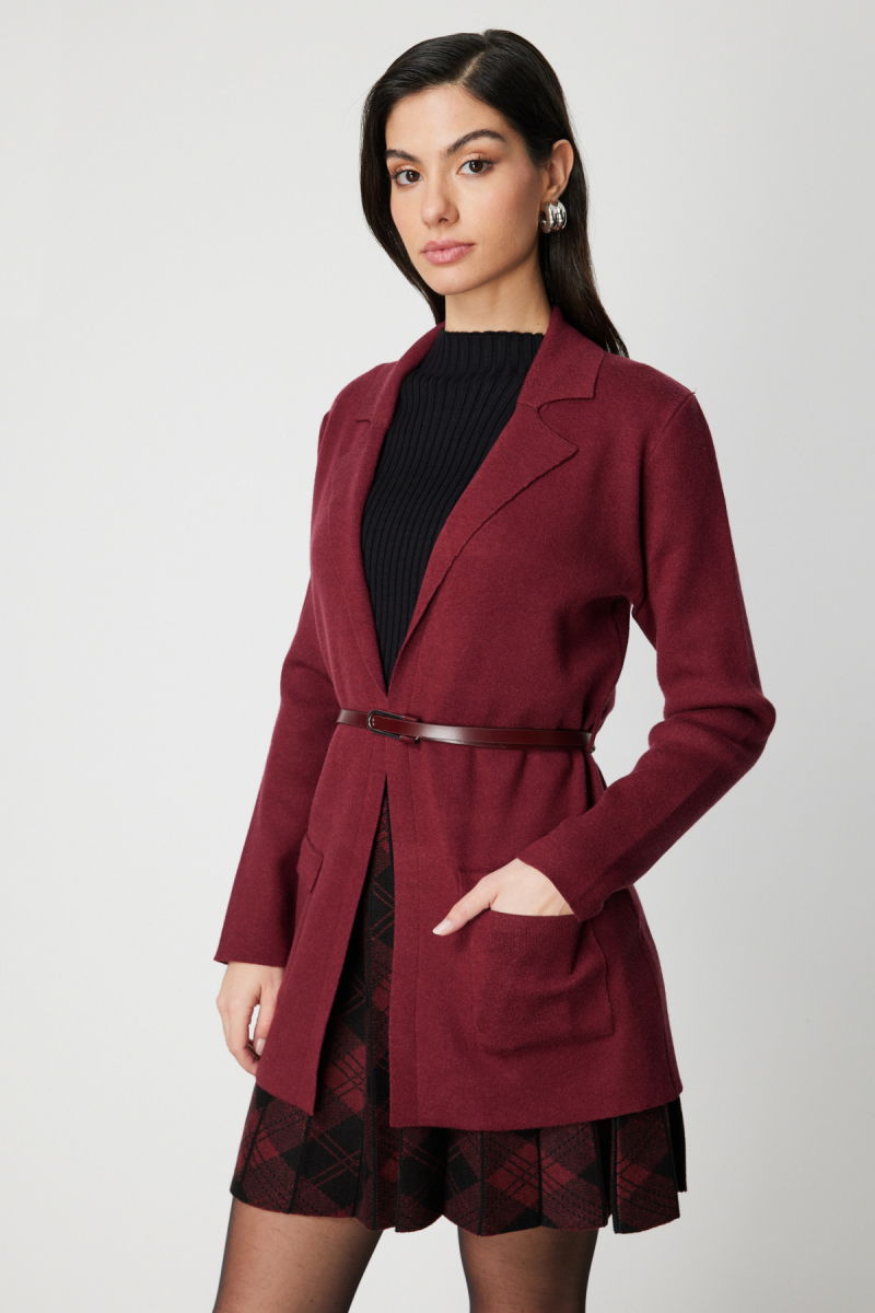 On Kadın Beli Kemerli Kapak Cepli Hırka 69907 Bordo - 2