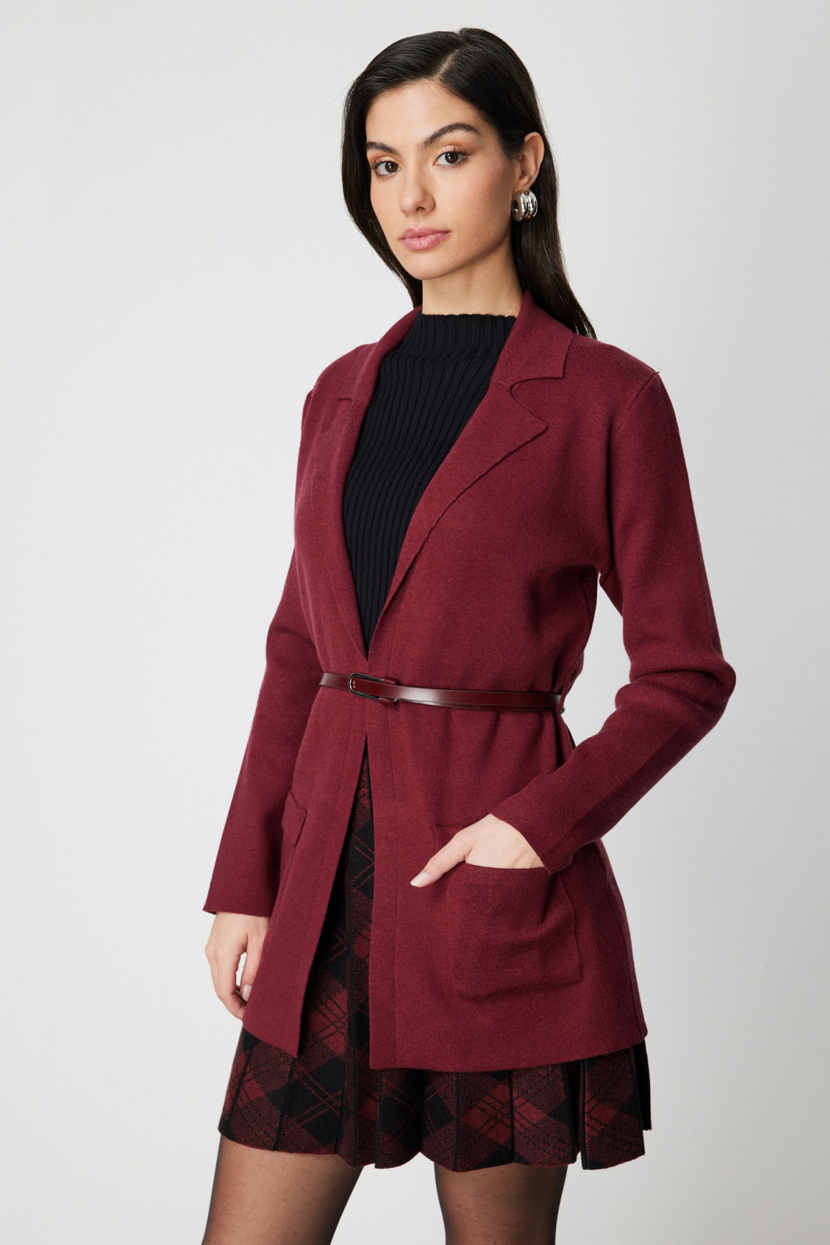 On Kadın Beli Kemerli Kapak Cepli Hırka 69907 Bordo - 2