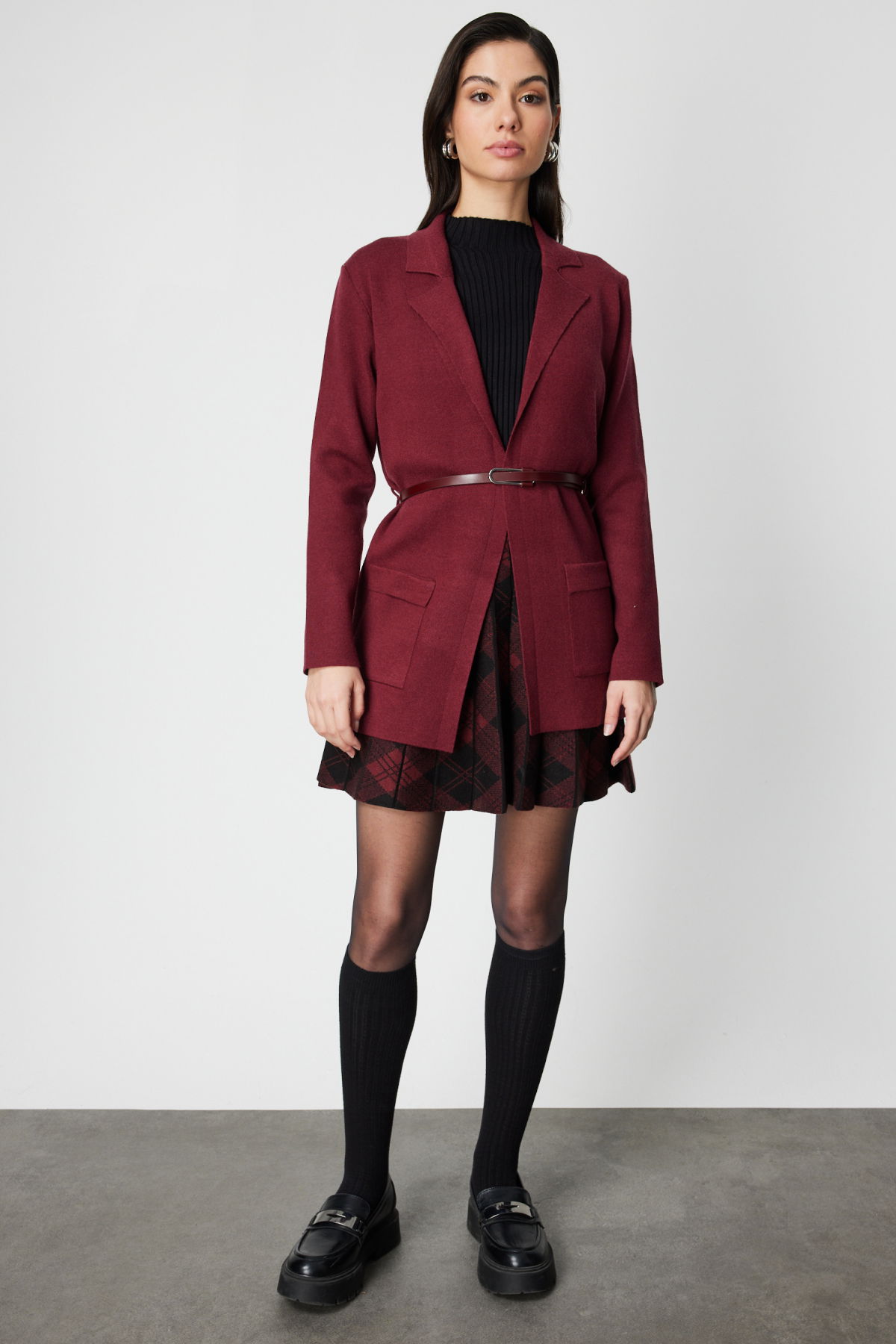 On Kadın Beli Kemerli Kapak Cepli Hırka 69907 Bordo - 3