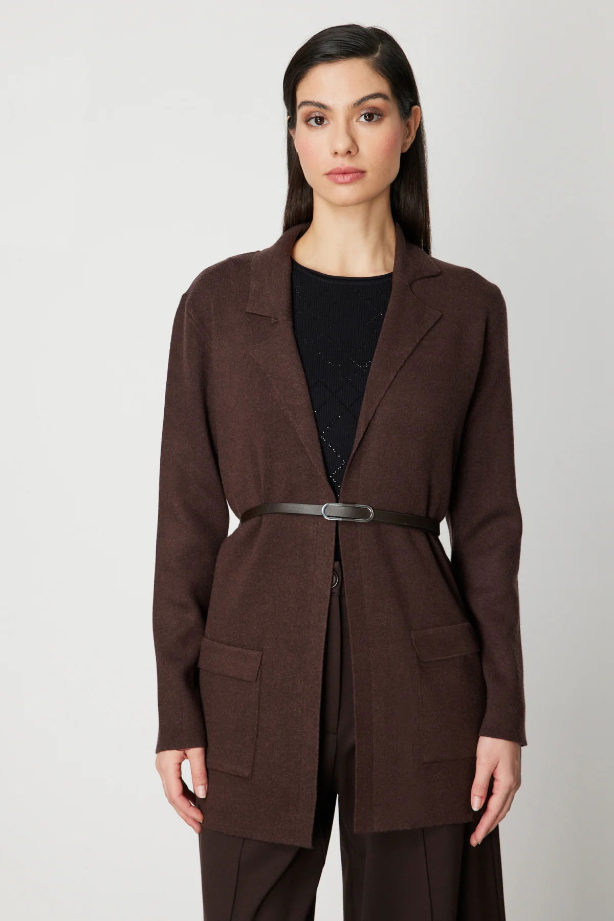 On Kadın Beli Kemerli Kapak Cepli Hırka 69907 Kahverengi - 1