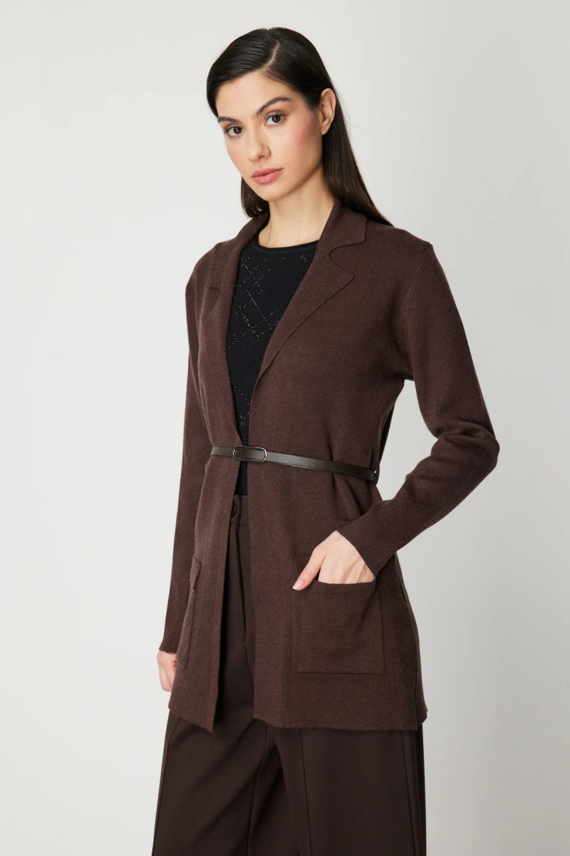 On Kadın Beli Kemerli Kapak Cepli Hırka 69907 Kahverengi - 2