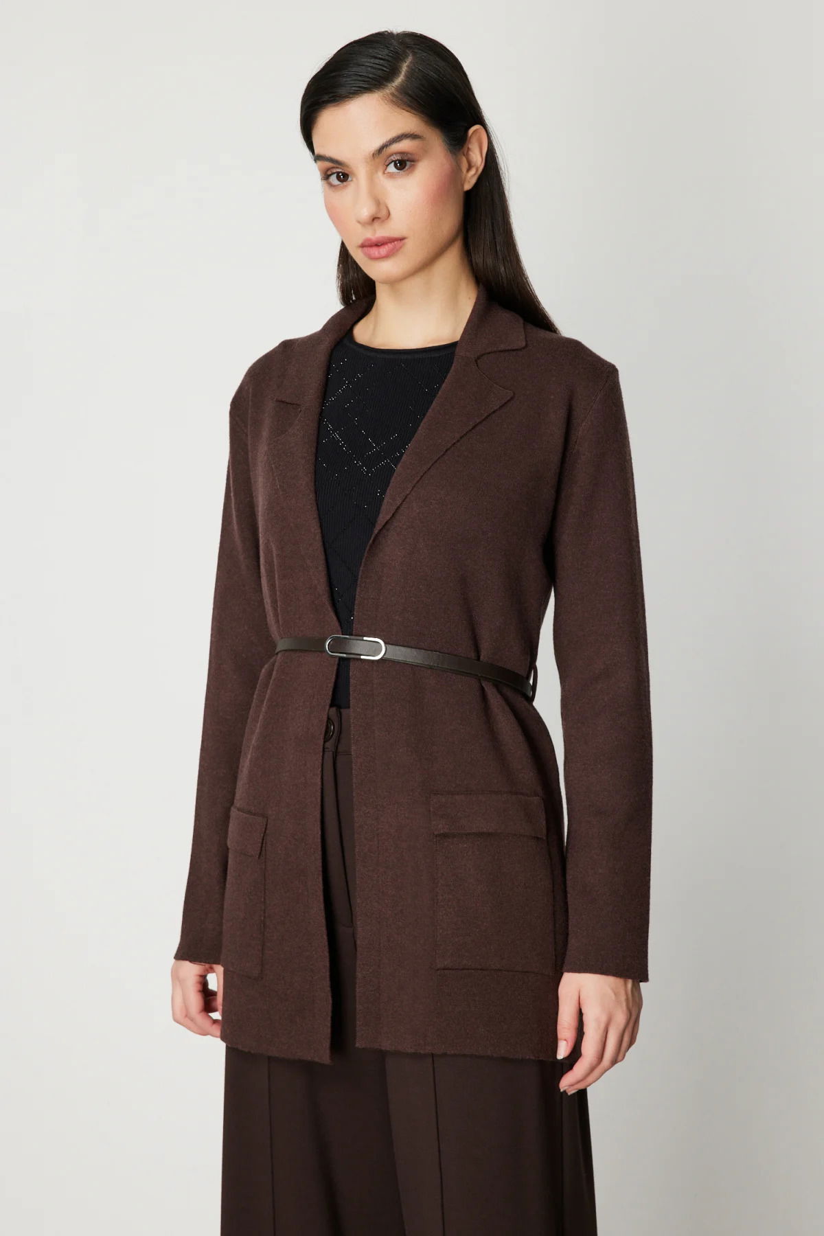 On Kadın Beli Kemerli Kapak Cepli Hırka 69907 Kahverengi - 3