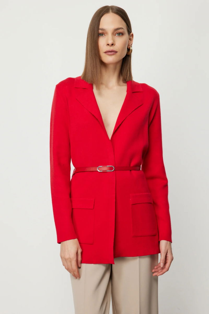 On Kadın Beli Kemerli Kapak Cepli Hırka 69907 Kırmızı - On