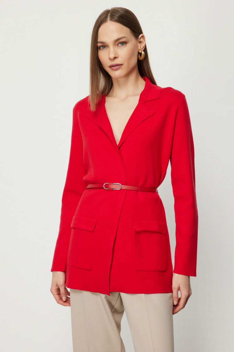 On Kadın Beli Kemerli Kapak Cepli Hırka 69907 Kırmızı - 2