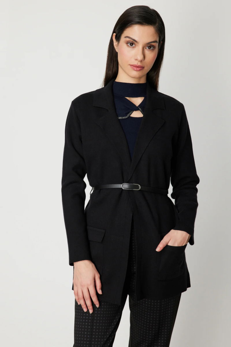 On Kadın Beli Kemerli Kapak Cepli Hırka 69907 Siyah - 2