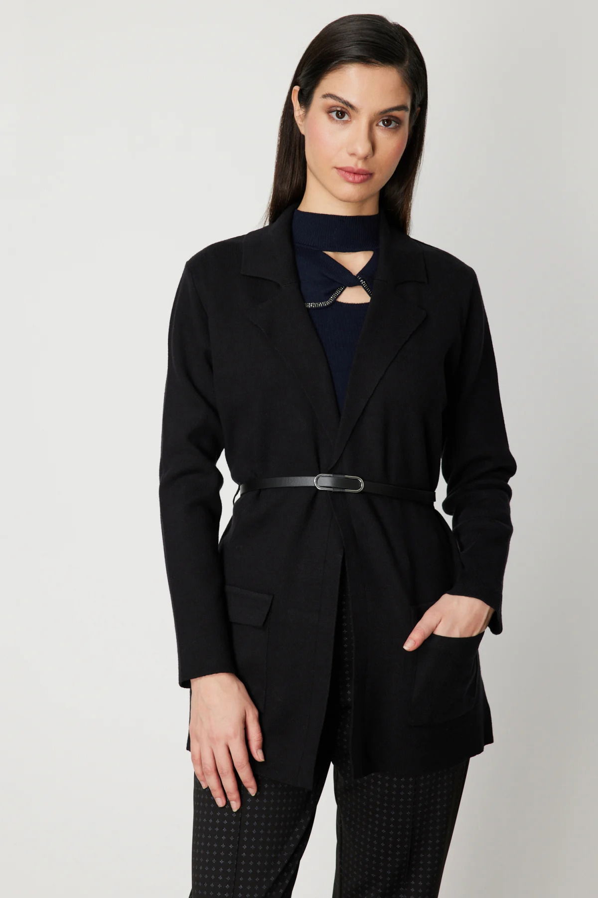 On Kadın Beli Kemerli Kapak Cepli Hırka 69907 Siyah - 2