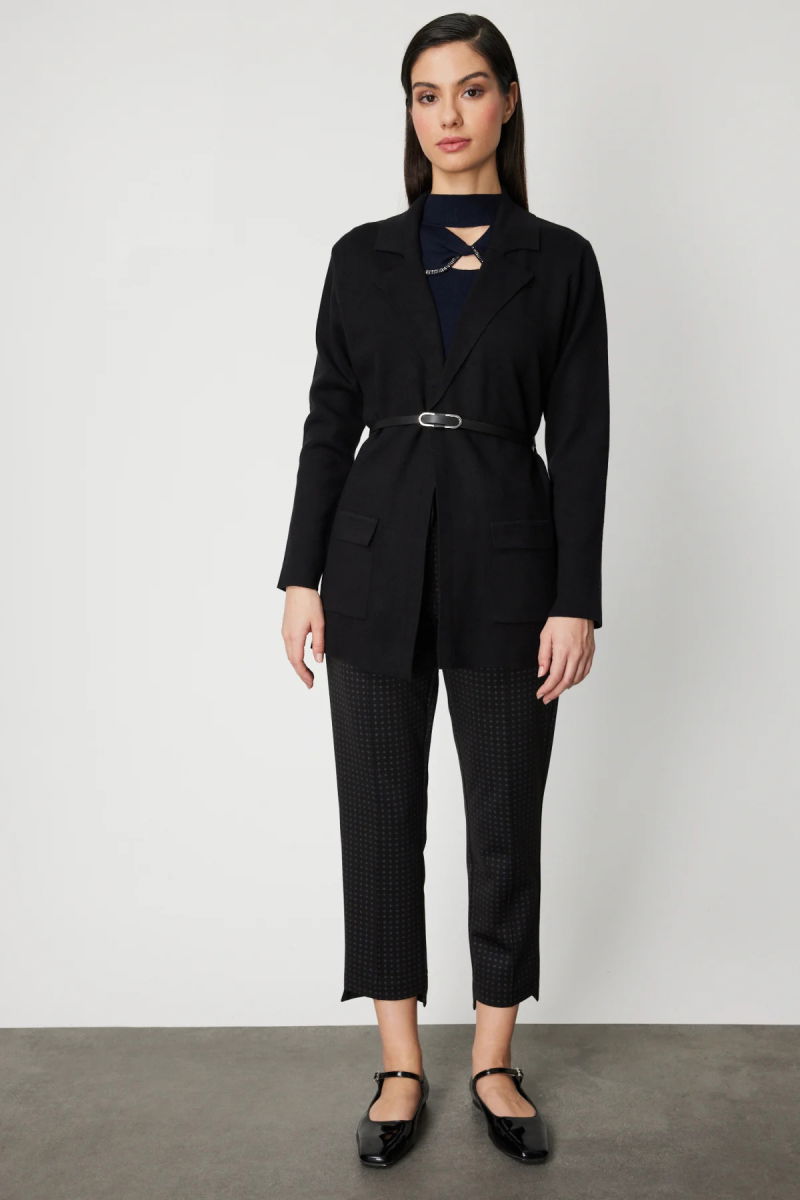 On Kadın Beli Kemerli Kapak Cepli Hırka 69907 Siyah - 3