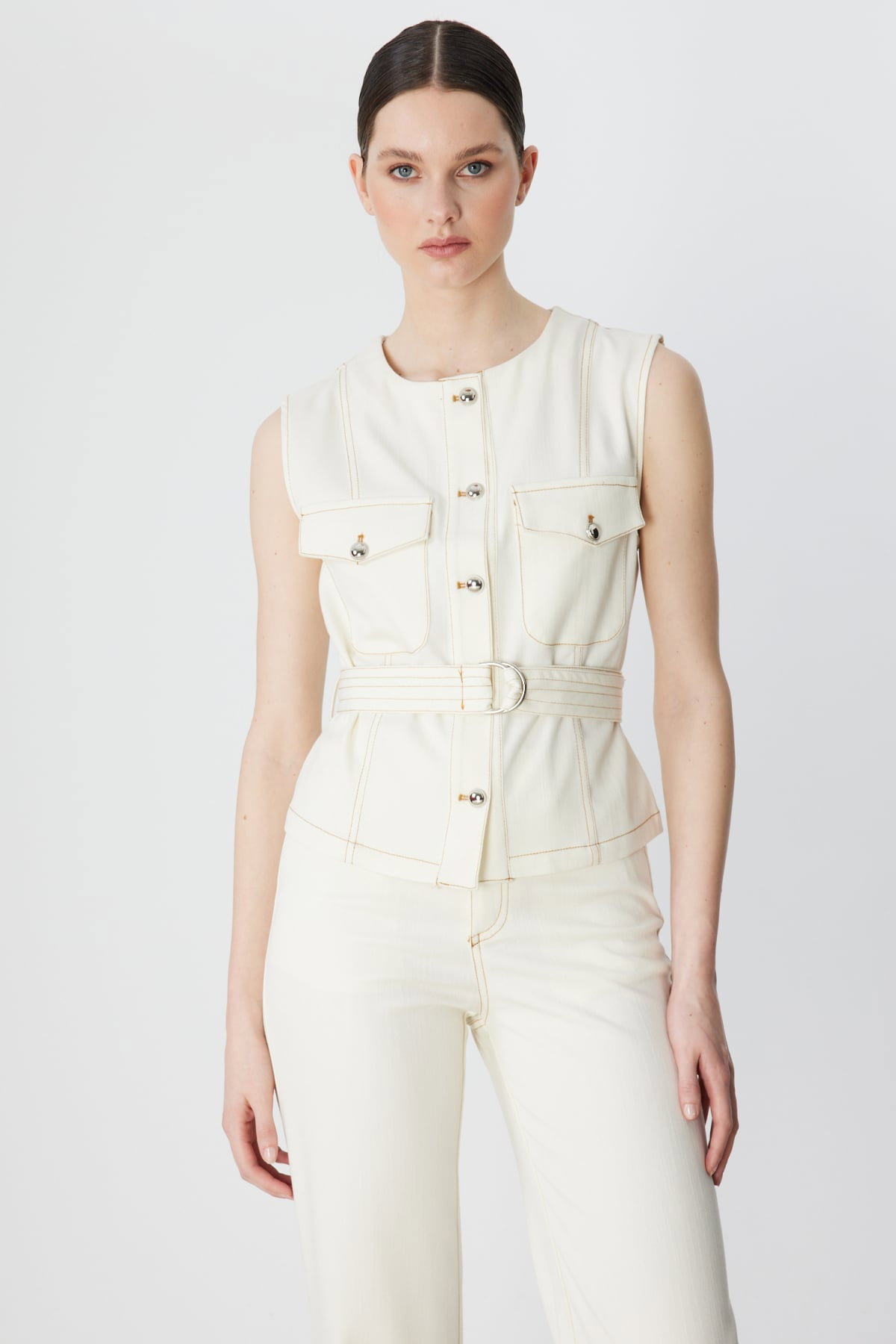 On Kadın Beli Kemerli Kapak Cepli Yelek 70903 Ekru - 1