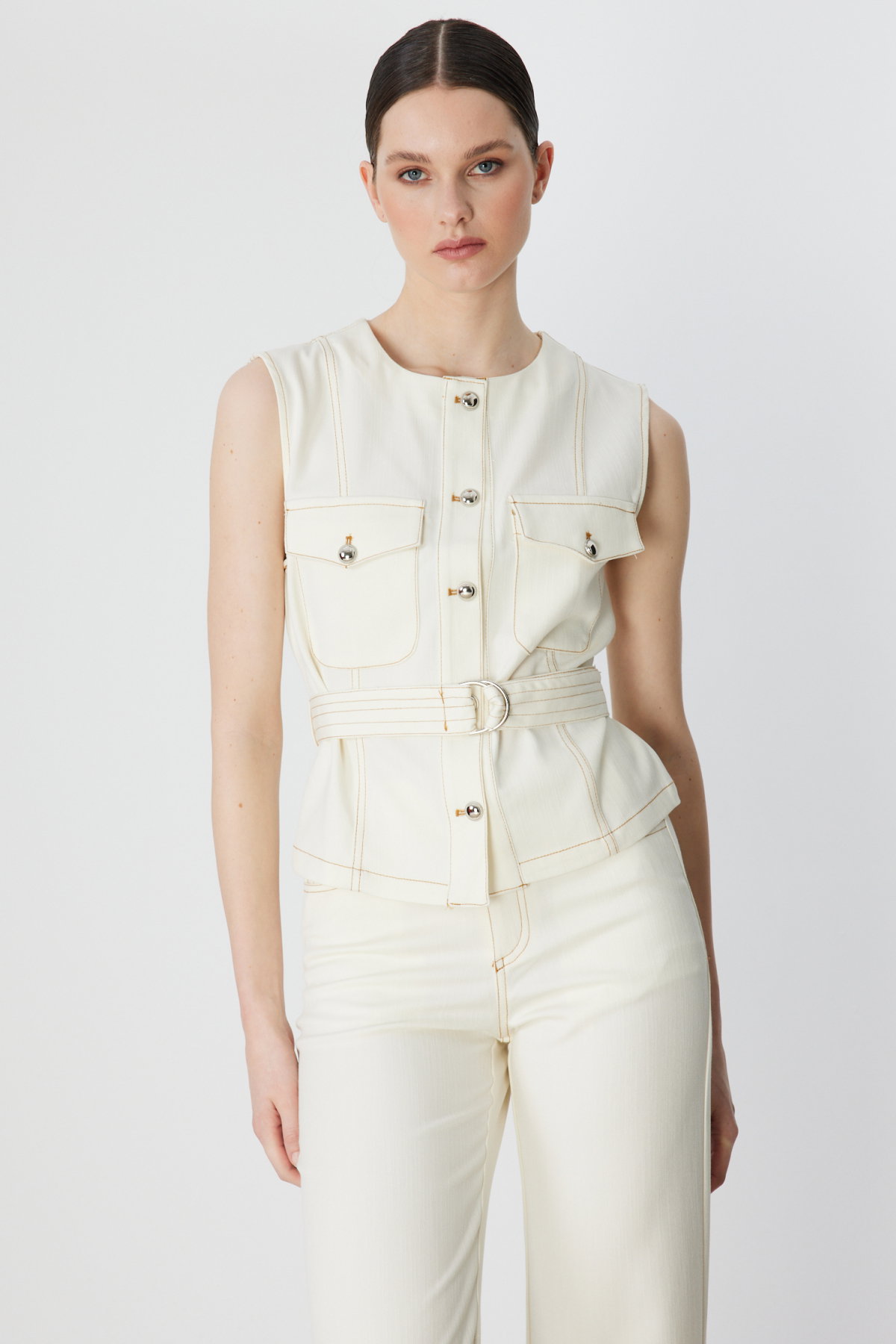 On Kadın Beli Kemerli Kapak Cepli Yelek 70903 Ekru - 2