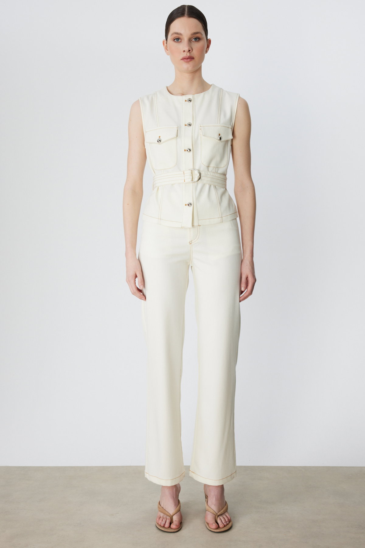 On Kadın Beli Kemerli Kapak Cepli Yelek 70903 Ekru - 3