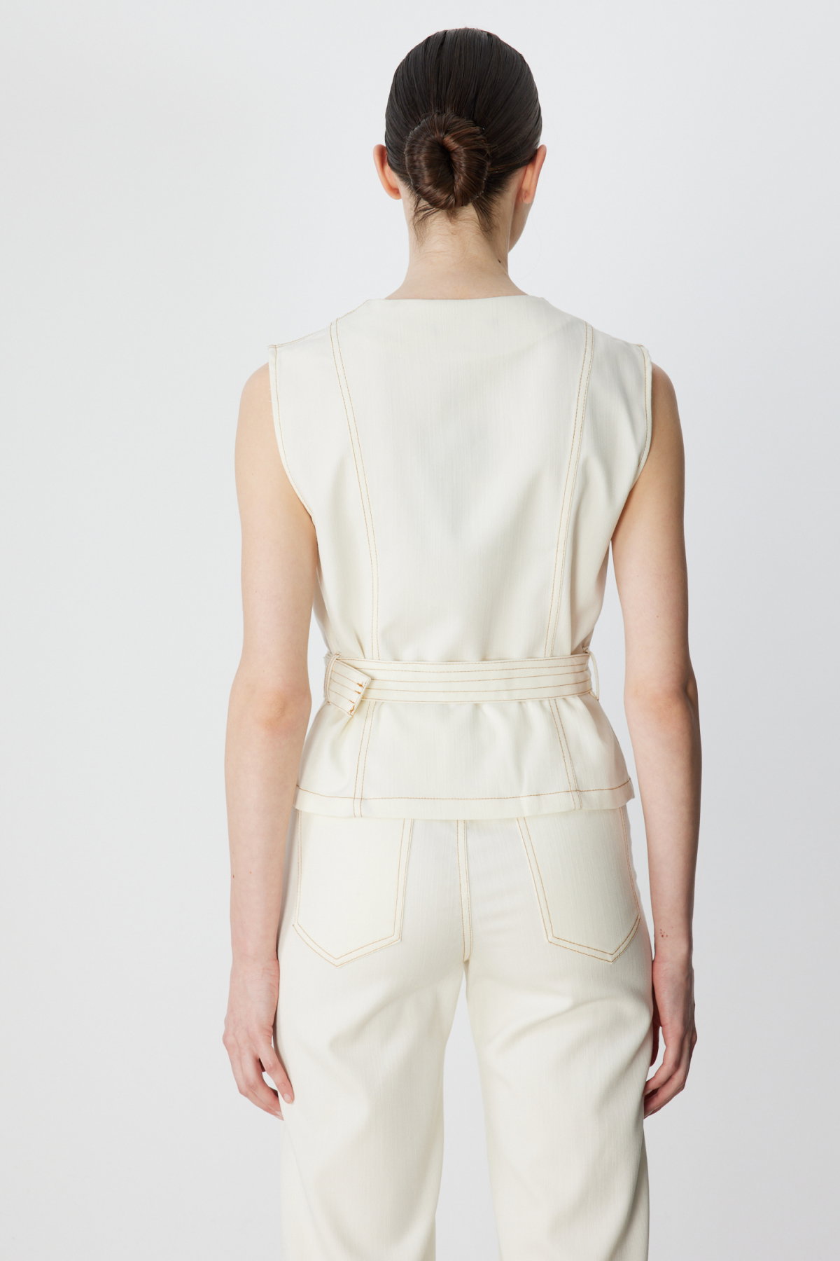 On Kadın Beli Kemerli Kapak Cepli Yelek 70903 Ekru - 4