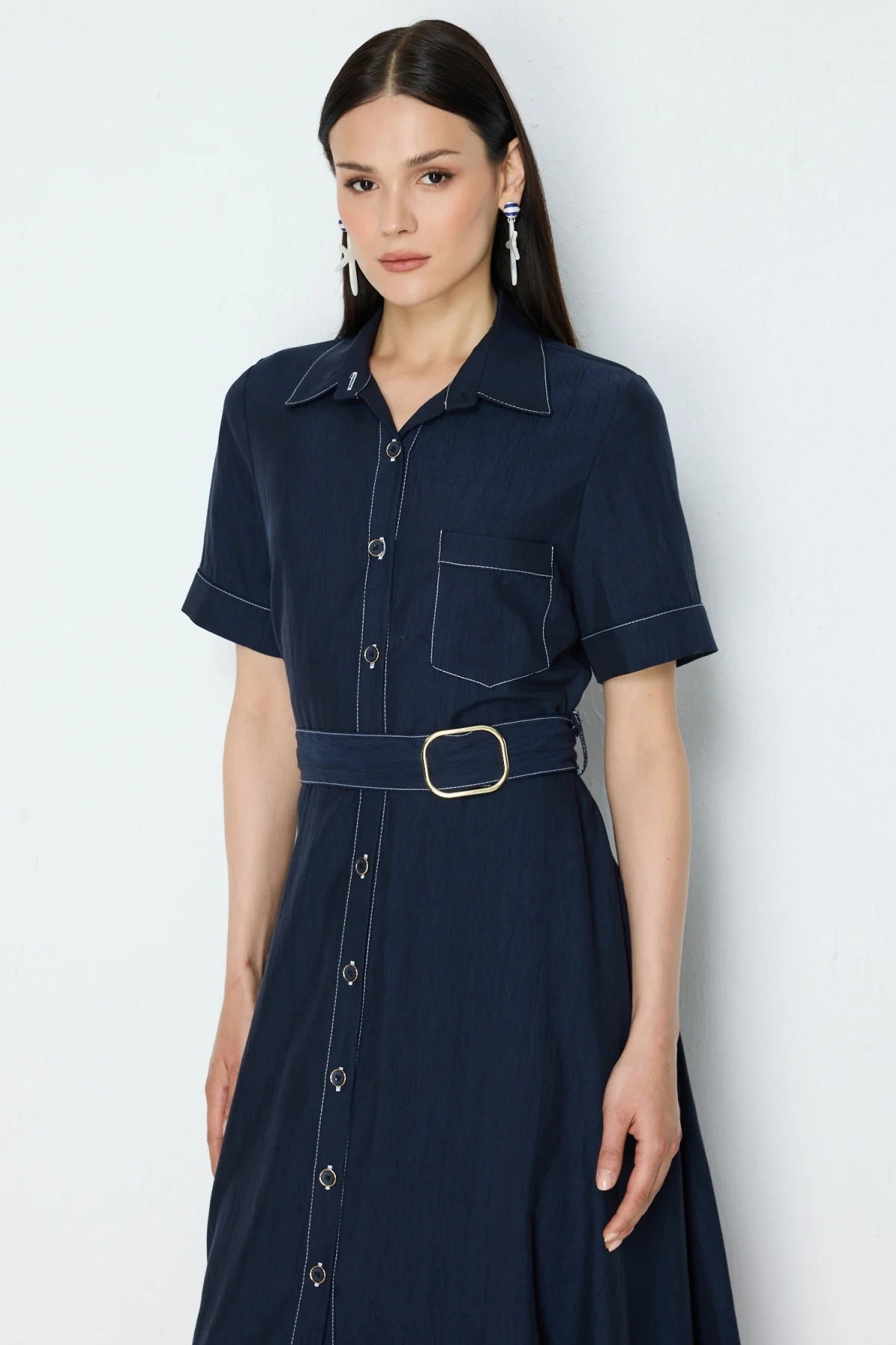 On Kadın Beli Kemerli Kısa Kollu Maxi Elbise 74461 Lacivert - 3