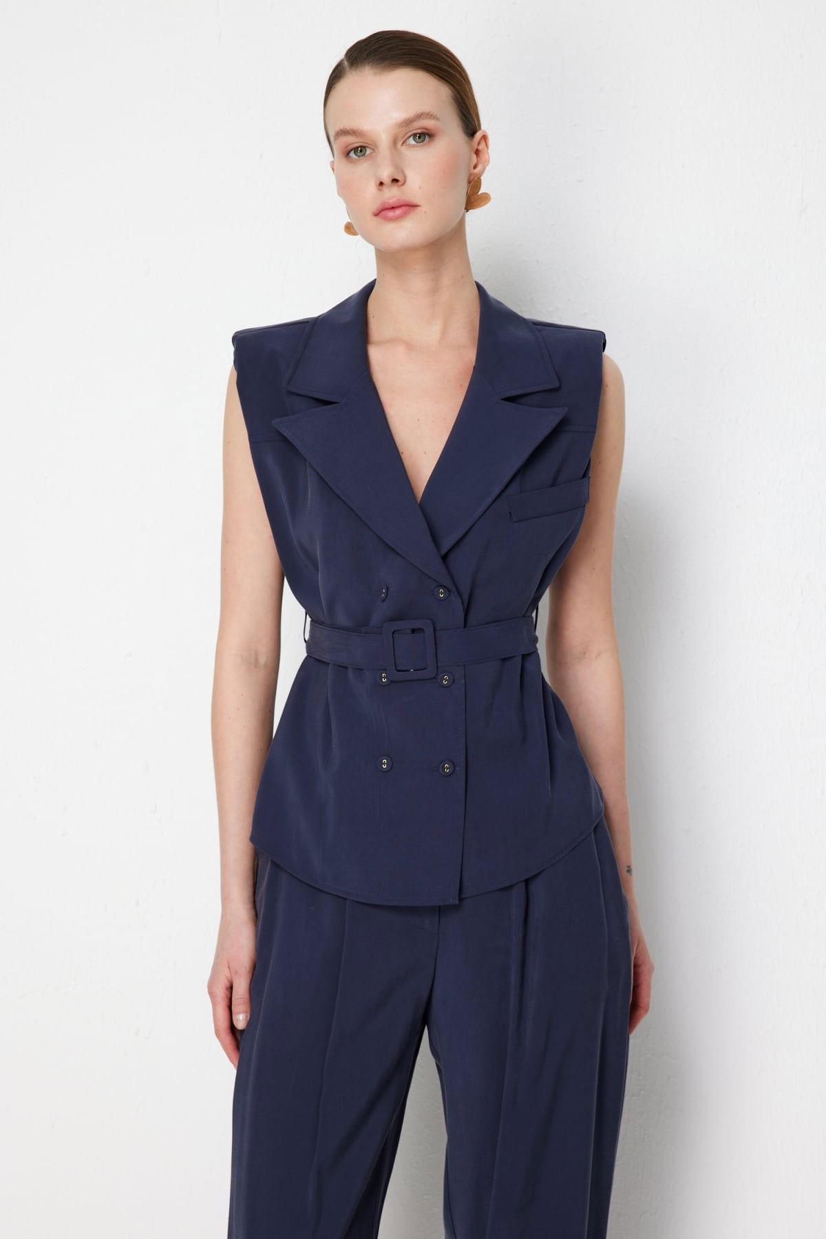 On Kadın Beli Kemerli Kruvaze Yelek 74908 Indigo - 1