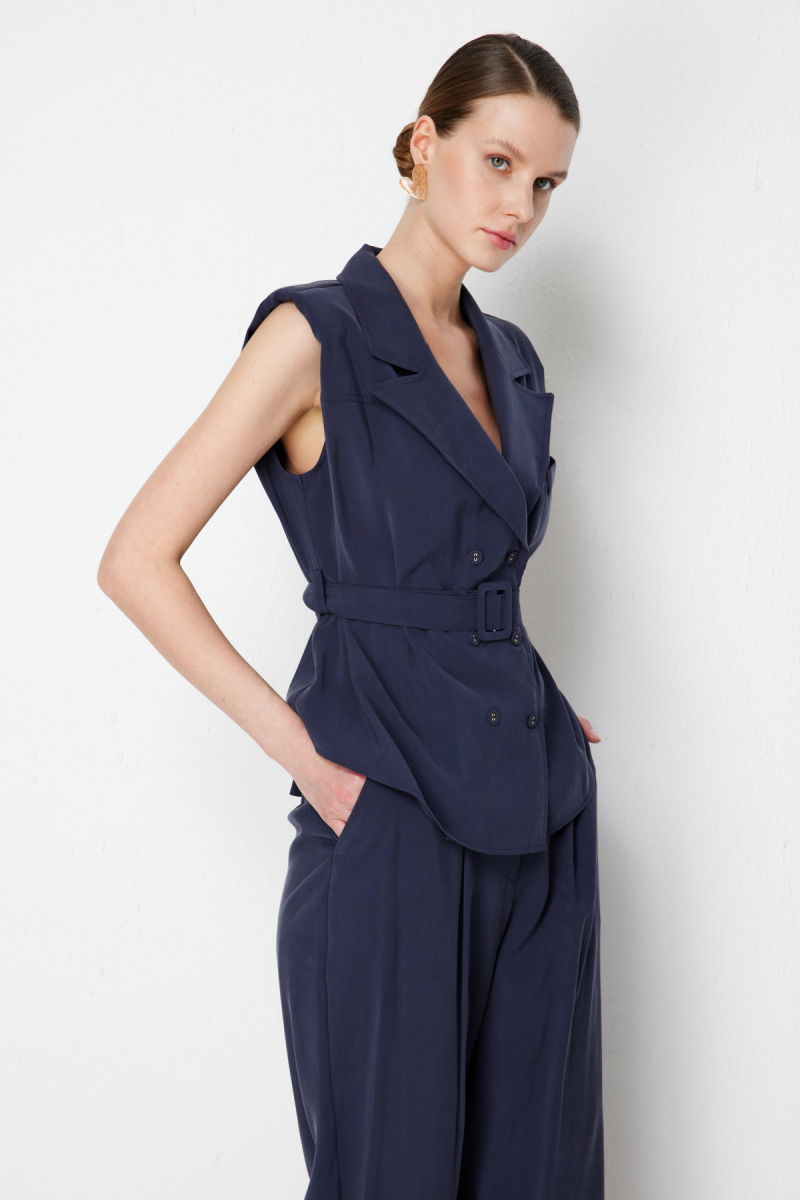 On Kadın Beli Kemerli Kruvaze Yelek 74908 Indigo - 2