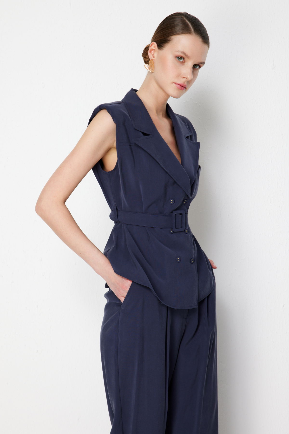 On Kadın Beli Kemerli Kruvaze Yelek 74908 Indigo - 2