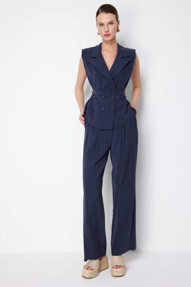 On Kadın Beli Kemerli Kruvaze Yelek 74908 Indigo - 3