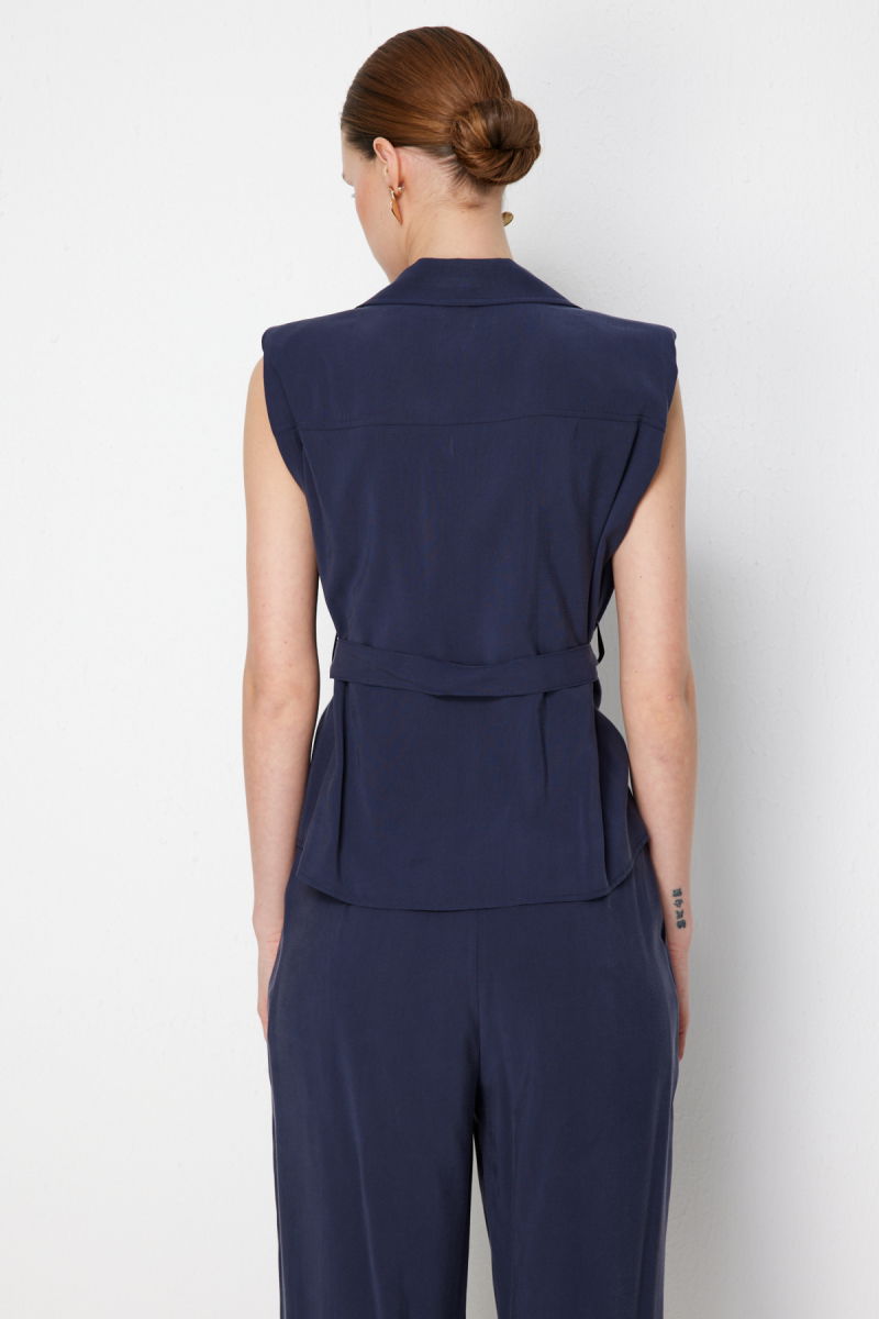 On Kadın Beli Kemerli Kruvaze Yelek 74908 Indigo - 4