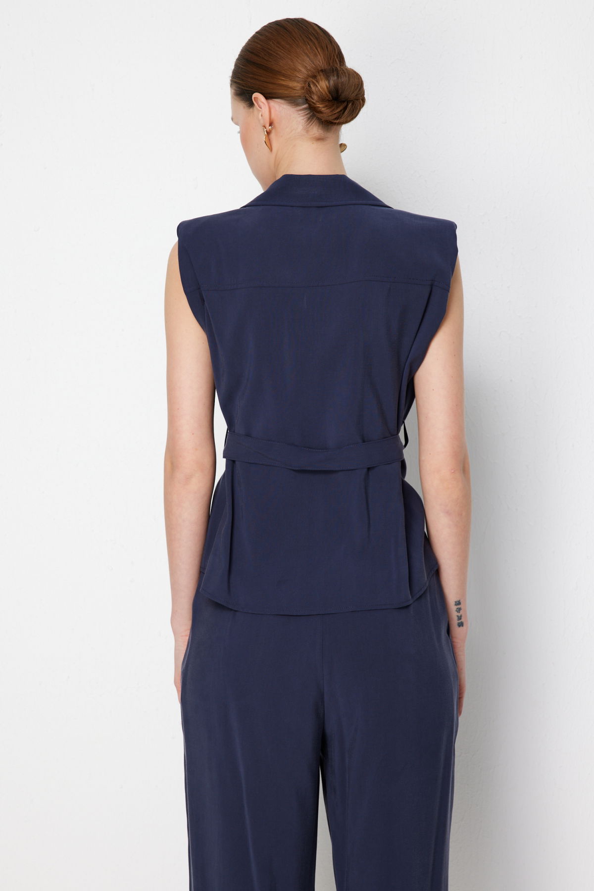 On Kadın Beli Kemerli Kruvaze Yelek 74908 Indigo - 4