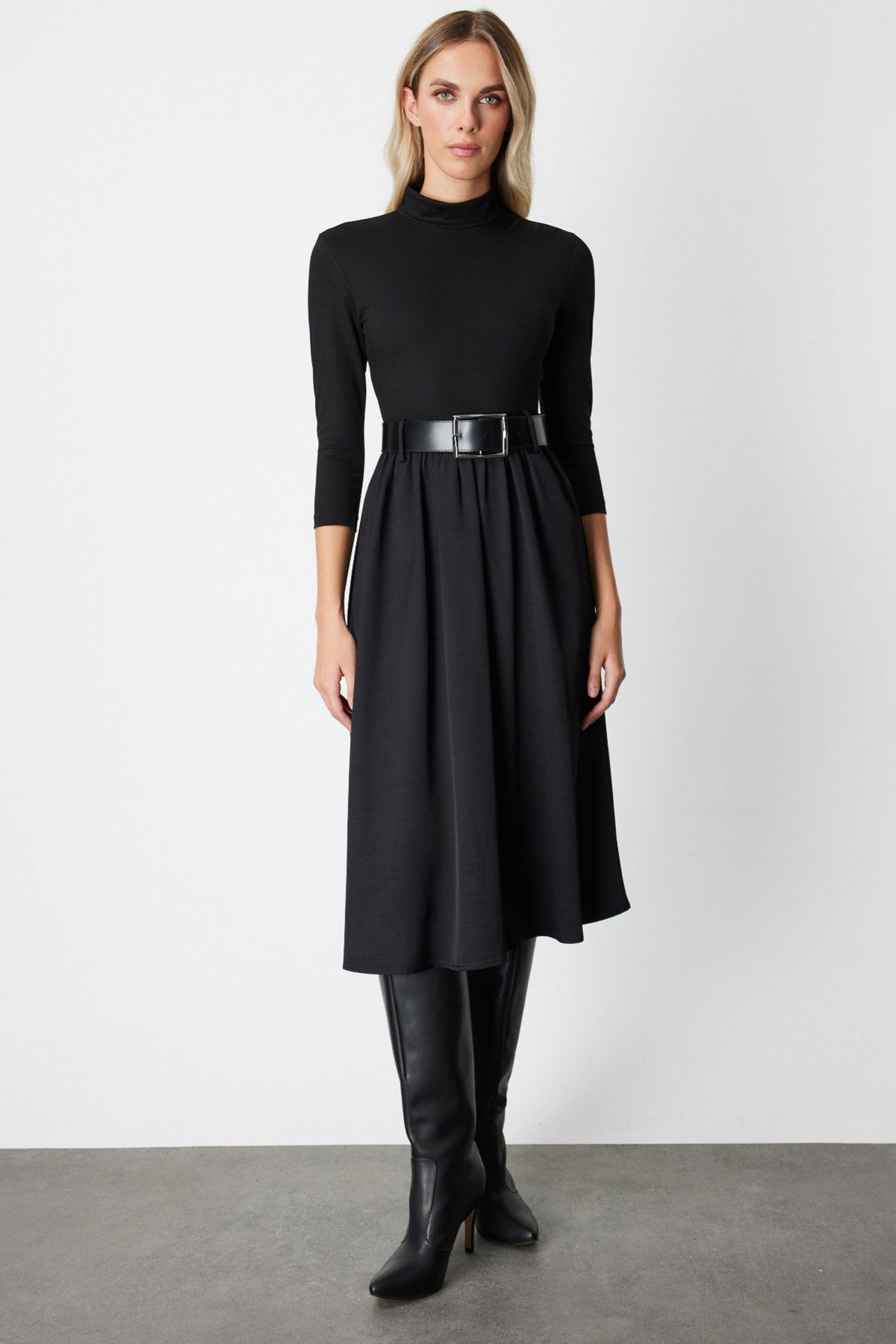 On Kadın Beli Kemerli Mix Kumaş Midi Elbise 64410 Siyah - 1