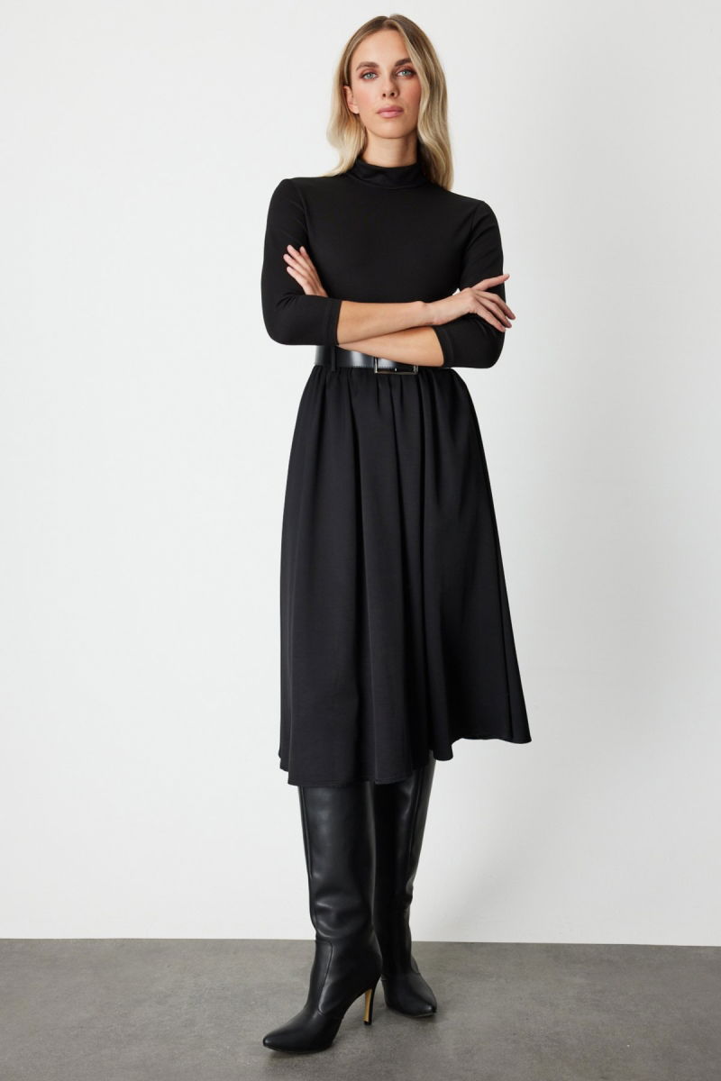 On Kadın Beli Kemerli Mix Kumaş Midi Elbise 64410 Siyah - 2