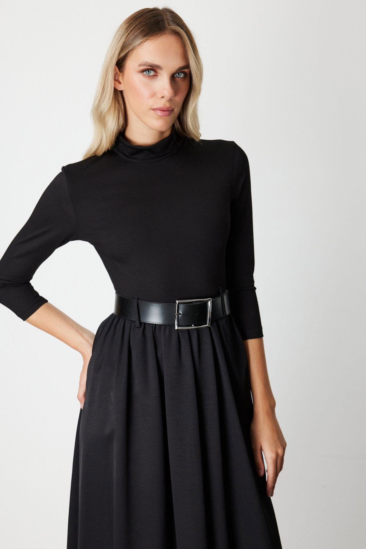 On Kadın Beli Kemerli Mix Kumaş Midi Elbise 64410 Siyah - 3