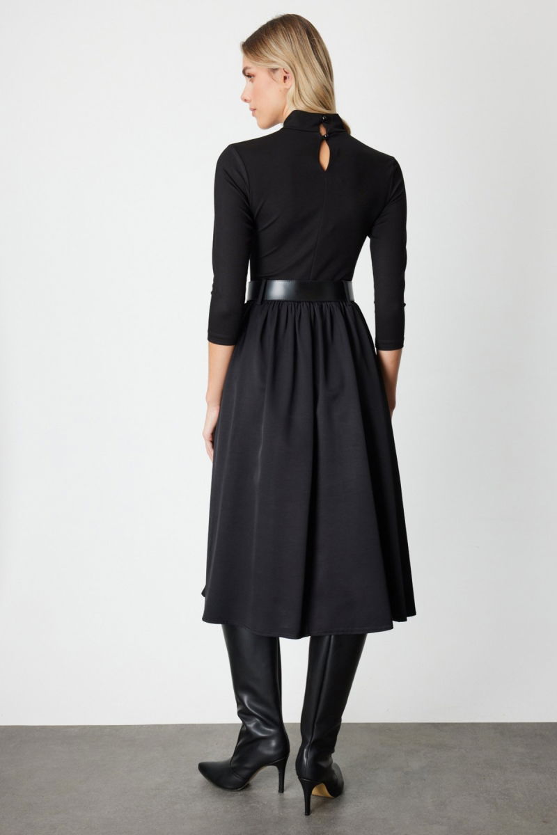 On Kadın Beli Kemerli Mix Kumaş Midi Elbise 64410 Siyah - 4