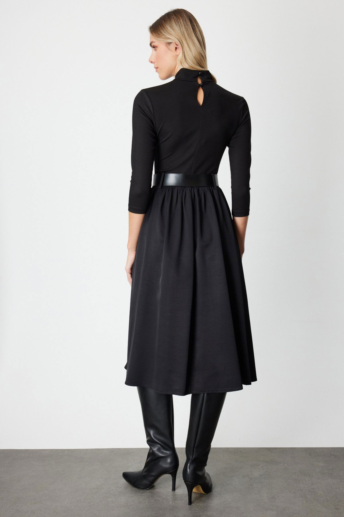 On Kadın Beli Kemerli Mix Kumaş Midi Elbise 64410 Siyah - 4