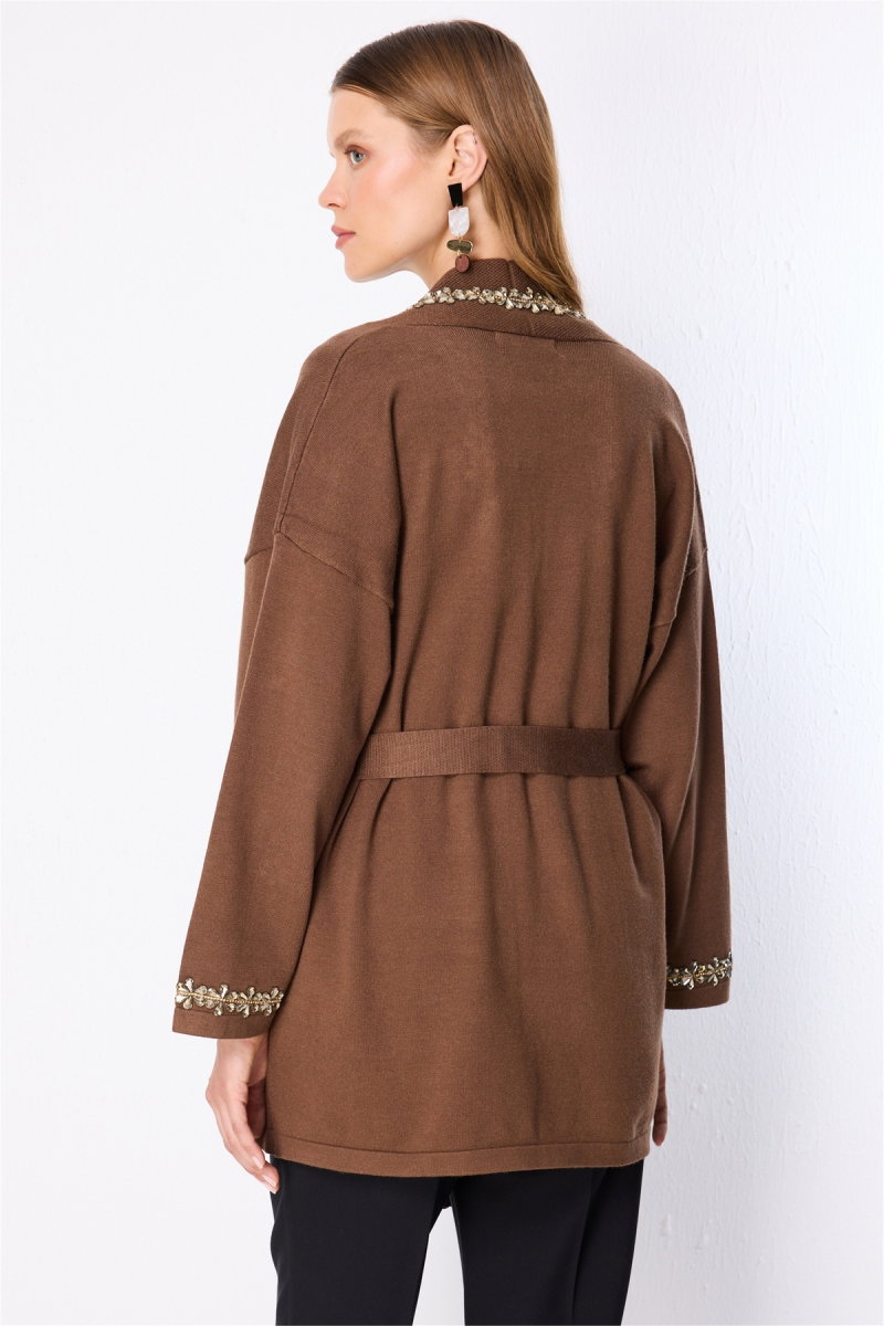 On Kadın Beli Kuşaklı Taşlı Triko Hırka 10903 Kahverengi - 5