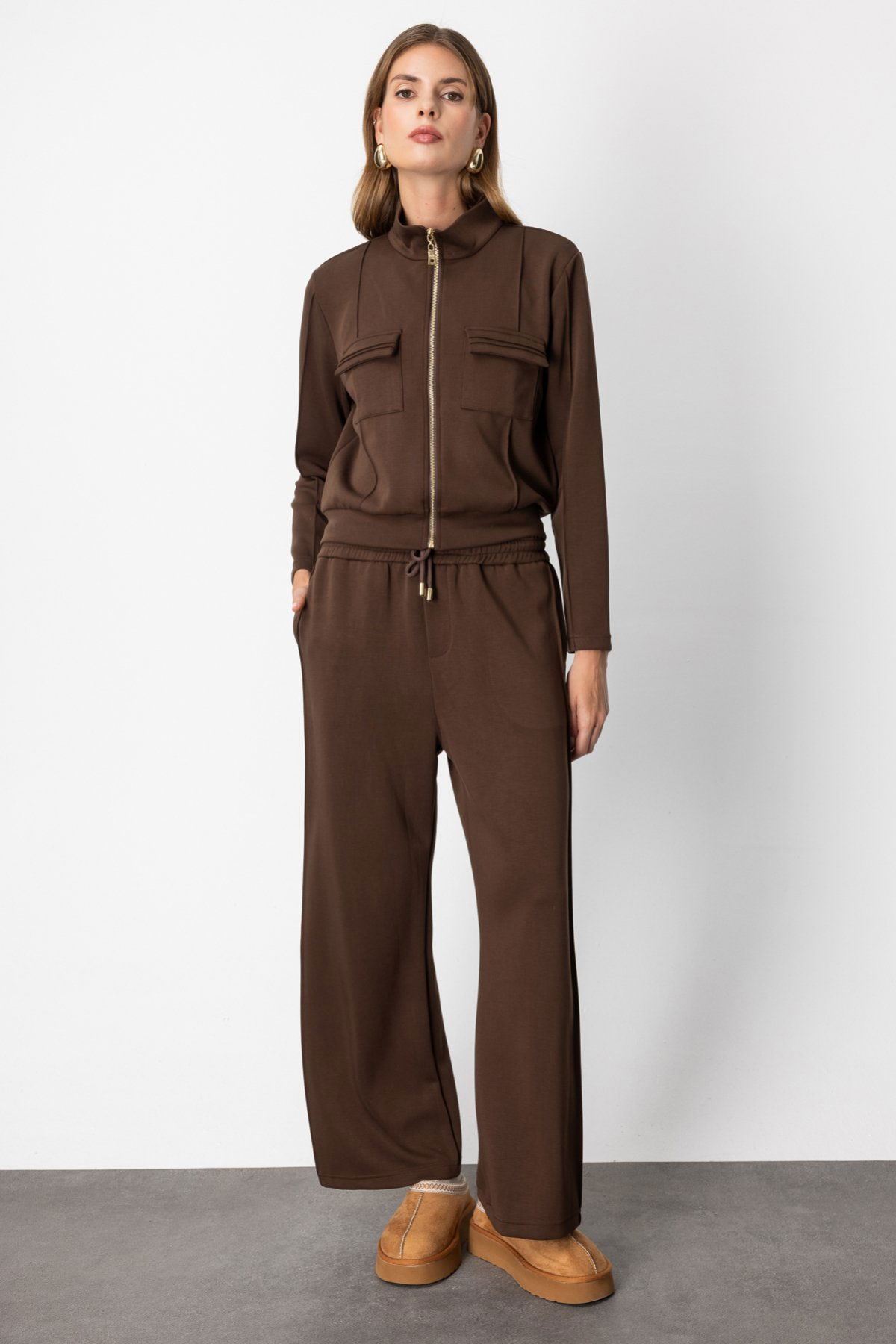 On Kadın Beli Lastikli Bol Paça Eşofman Altı 66510 Kahverengi - 1