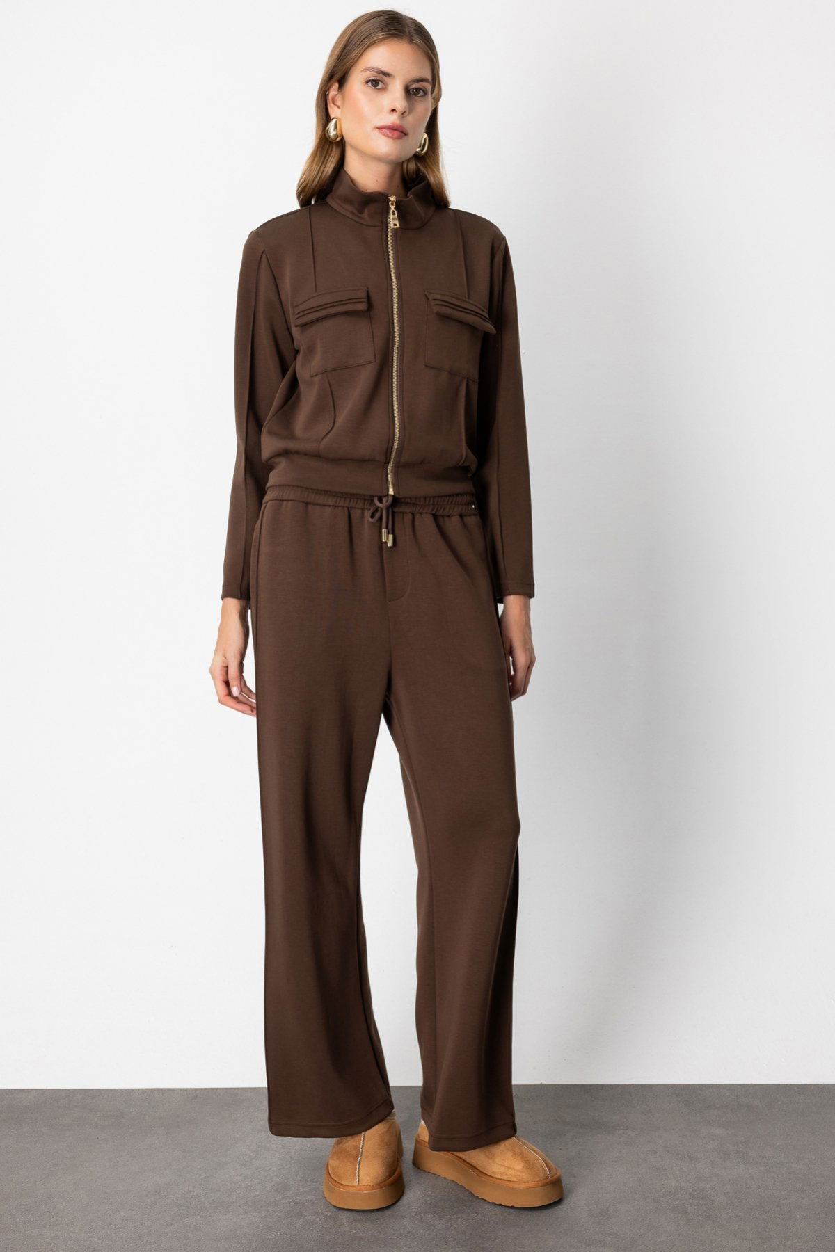 On Kadın Beli Lastikli Bol Paça Eşofman Altı 66510 Kahverengi - 2