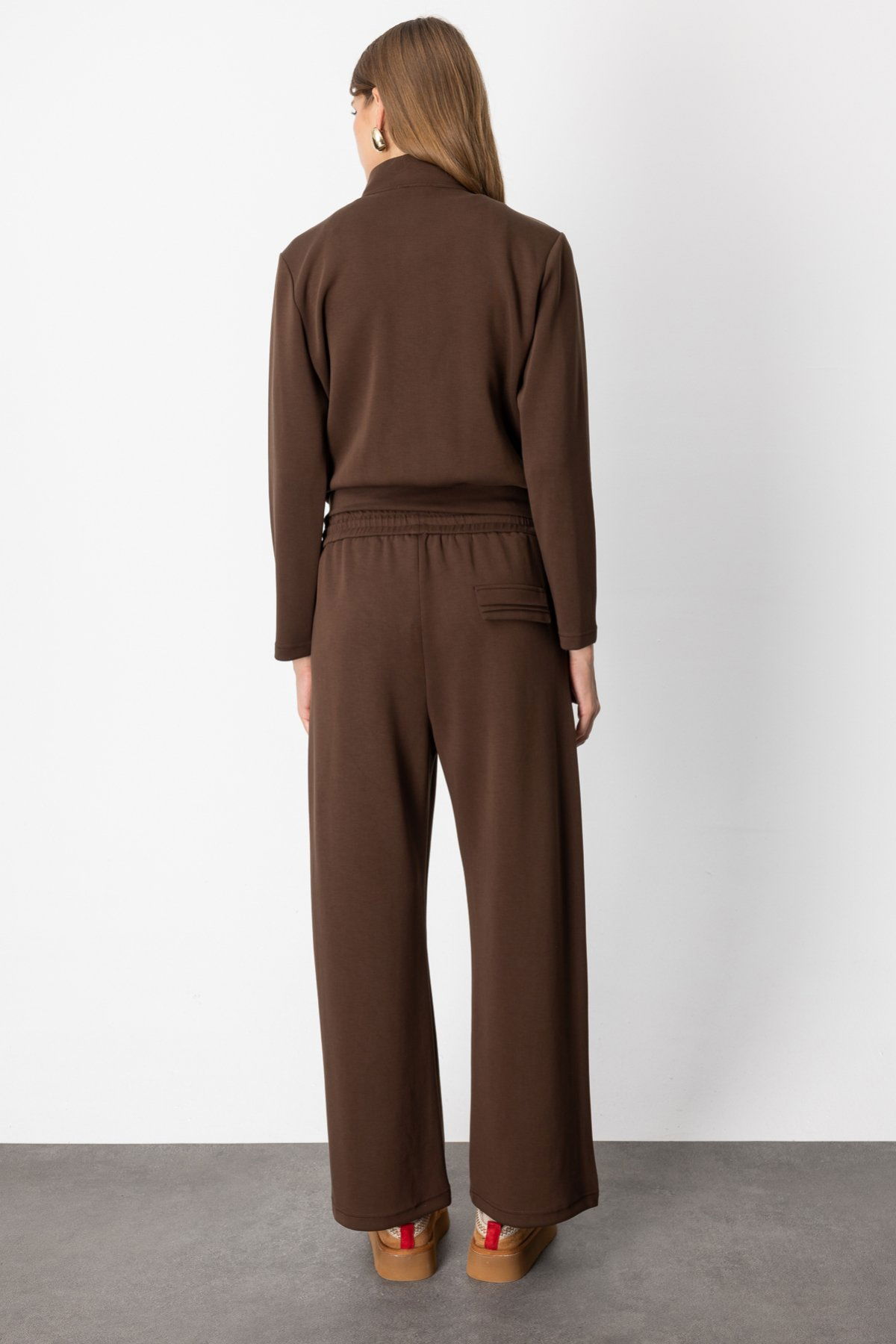 On Kadın Beli Lastikli Bol Paça Eşofman Altı 66510 Kahverengi - 4