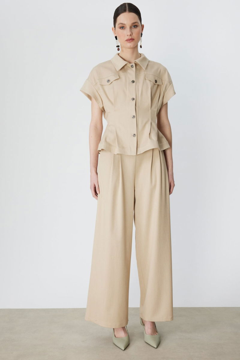 On Kadın Beli Lastikli Bol Paça Kumaş Pantolon 70701 Bej - On