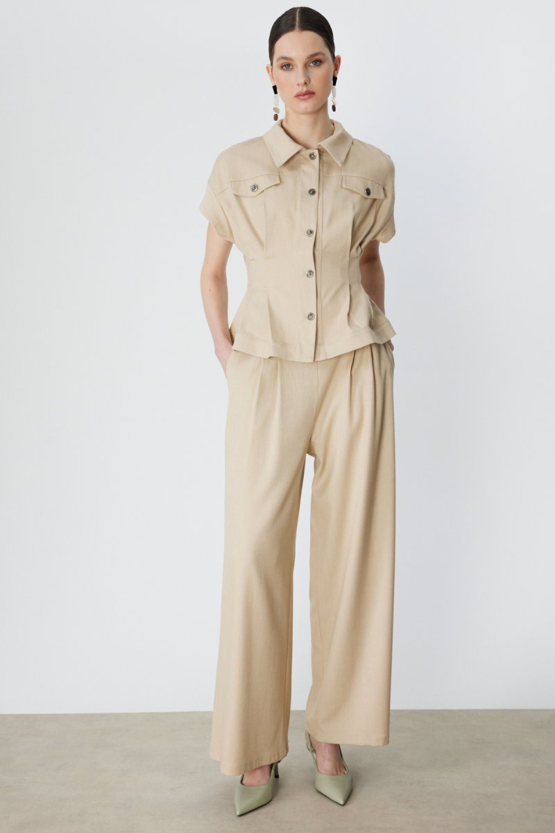 On Kadın Beli Lastikli Bol Paça Kumaş Pantolon 70701 Bej - 2